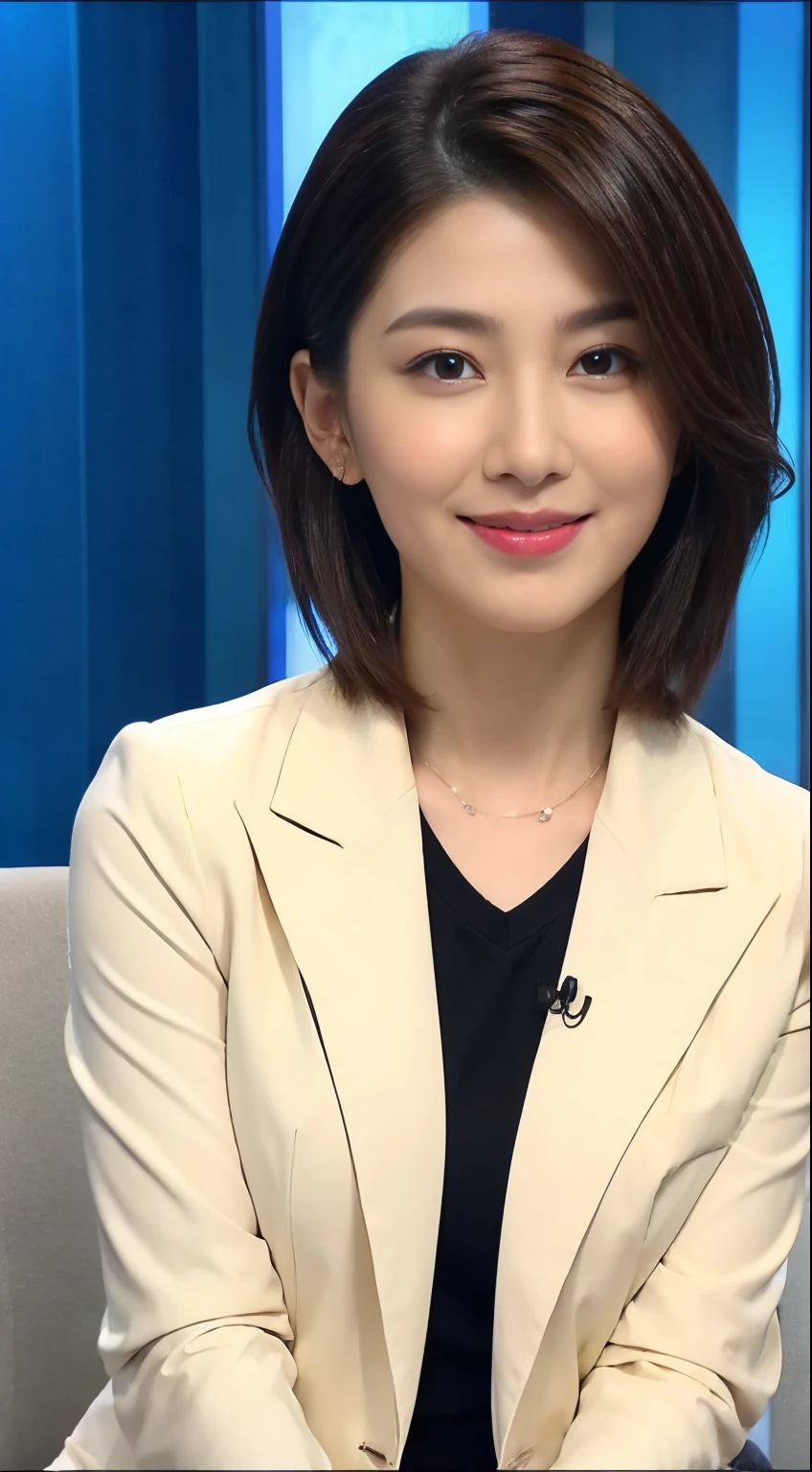 Best image quality、ultra high resolution、1 girl、Beautiful Features、short and thin hair､Announcer wearing a tight long-sleeved suit、Sitting in the studio,  Japanese