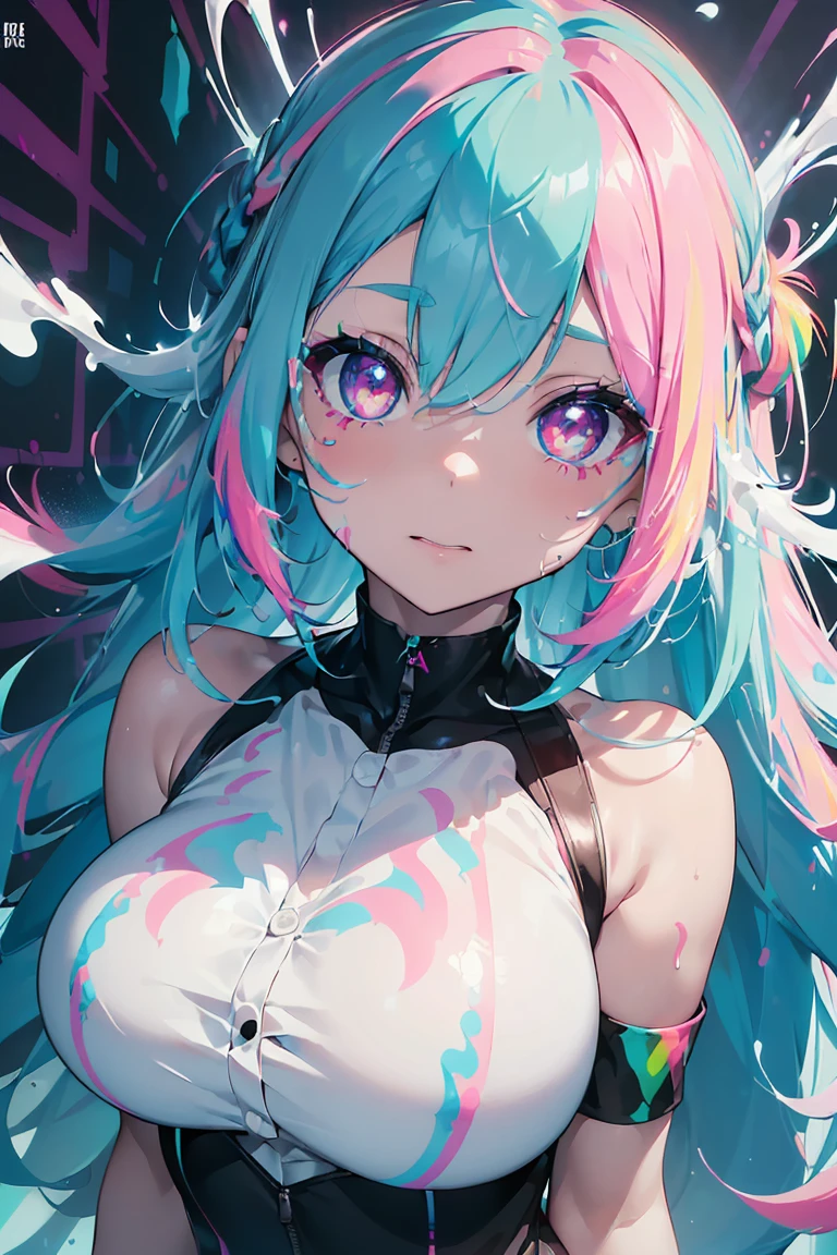 (Maid clothes), Eyes that shine like jewels, Anime Girls, (Big Breasts:1.3),((Upward glance:1.3, Perfect Eyes , The rainbow sparkles、Very detailed turquoise red eyes:1.1, Gradient Eye:1, Beautiful detailed eyes:1, Symmetrical eyes:1, Big Eye Highlights:1.2)), blush, (Open your mouth), anger,In a psychedelic room, (White skin: 1.5, Sunburned skin, White skin, very White skin, Bright body), Psyche Tranceのイラスト, Psyche Trance, psychedelic art style, Neon Color Theme, (((masterpiece))), (Complex), 8k, highest quality, (Visual Strength: 1.5),
(((liquid paint hair:1.1))) ,(((Neon colored hair :1.5))), ((Painted、Defying Gravity,Thick flow),(Paint splashes:1.3), (Shiny Hair: 1.3), (Bright colors), Embarrassing,Centered,Scale to fit,Three-part method, A body nicely covered in paint on a multicolored background, Colorful Themes, Splash Paint Regeneration, Beautiful light, Colorful light particles,High contrast in clothing, Color Splash, Colored walls, Complex 詳細, Exposure Blending, High resolution, (Graffiti art)
