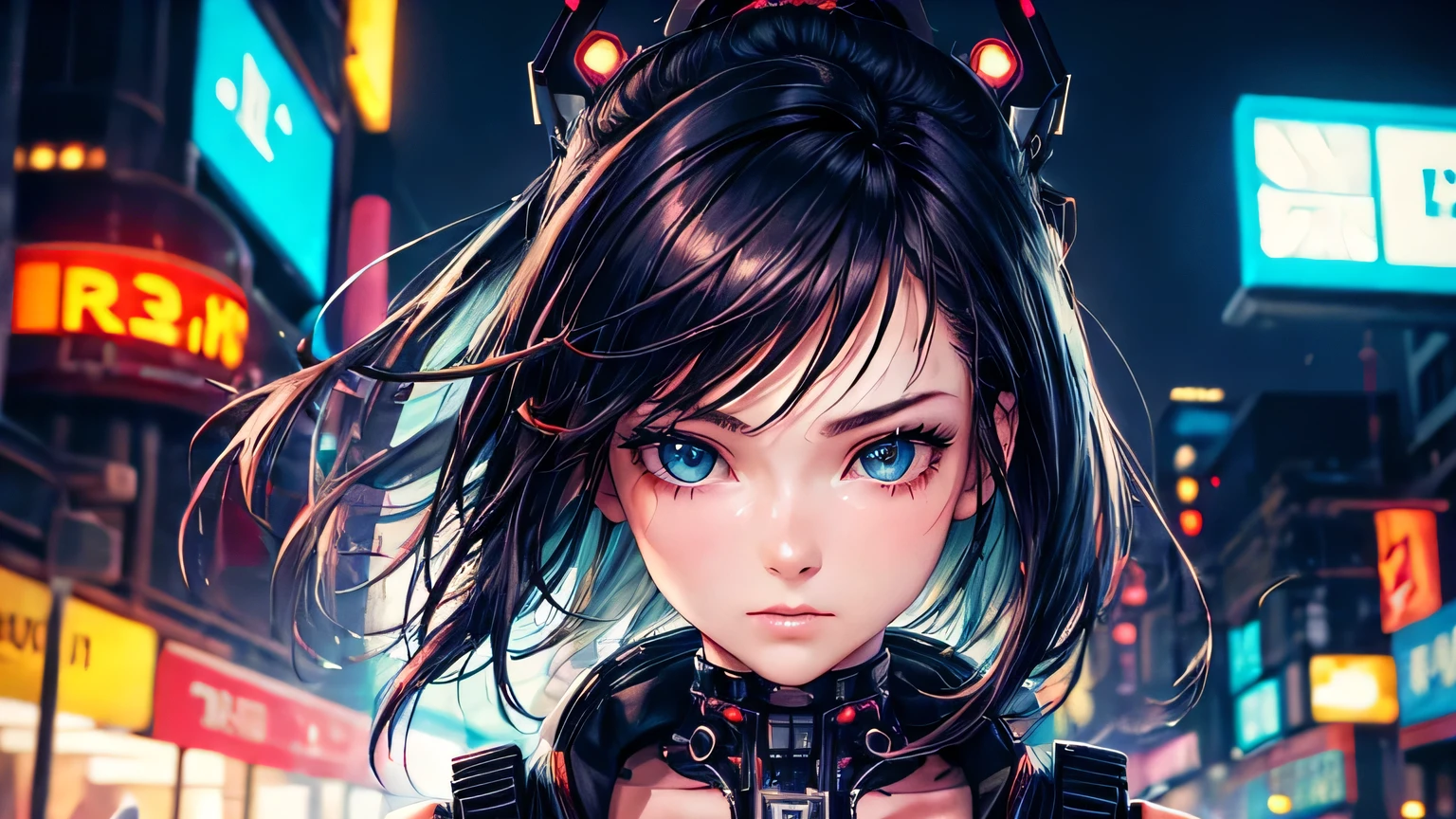 (oil, masterpiece, highest quality, Super detailed, Focus on the characters), One female,Beautiful neon lights,Detailed hair depiction,cyber punk,([return:0.8]|[ face facing returnwards:1.1]), ,([cyberpunk tree scenario:1.2]|[ ground:1.3]| [High Contrast:1.1])  