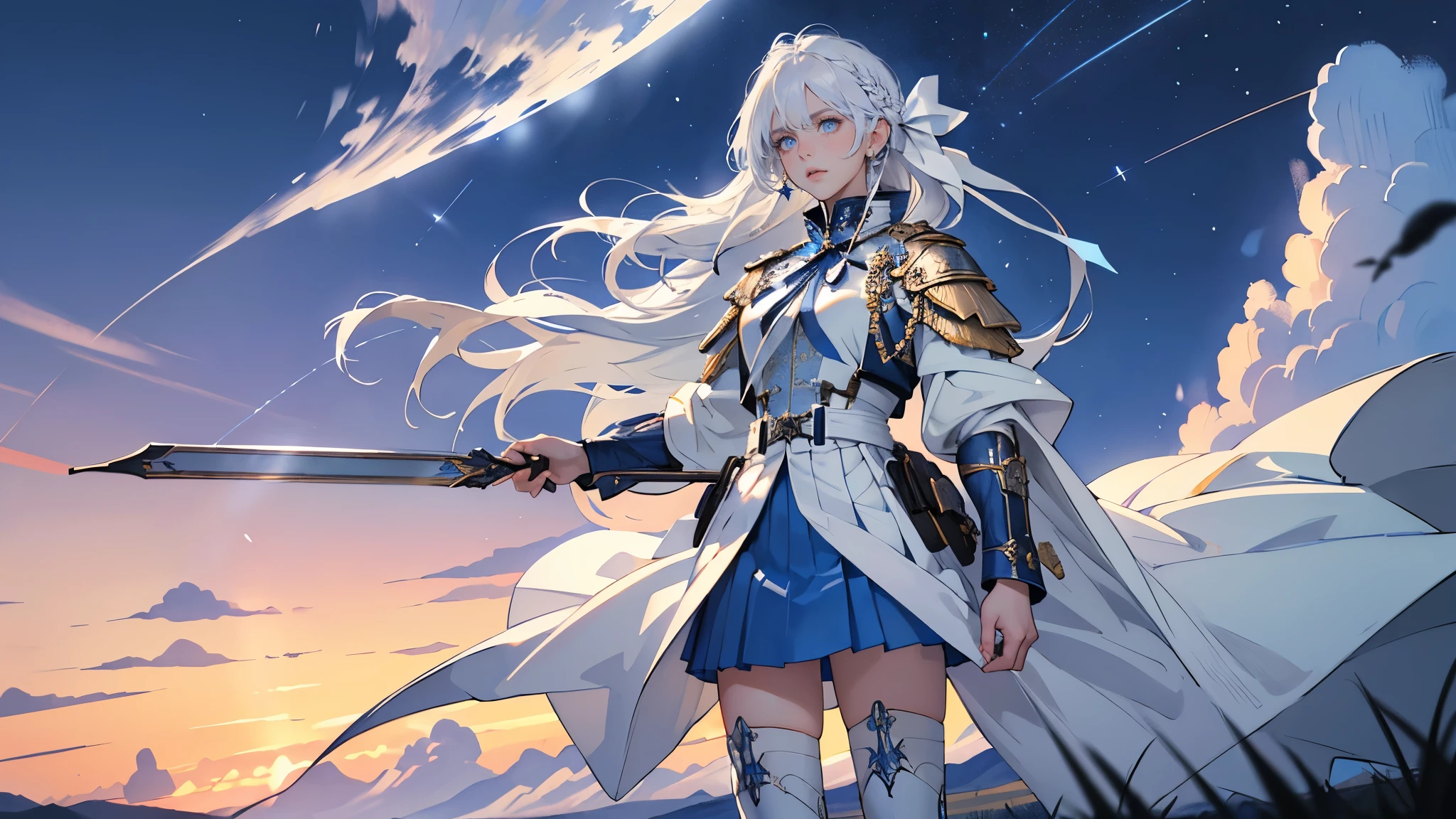 masterpiece, ultra detailed, 8k portrait, RAW photo, portrait photography, highly detailed face, beautiful and meticulous eyes, long hair, blue eyes, white hair ribbon, blue military uniform, blue pleats mini skirt, white chest armor, white tights, half boots, standing, (holding a beam sabel:1.5), by the moon,
