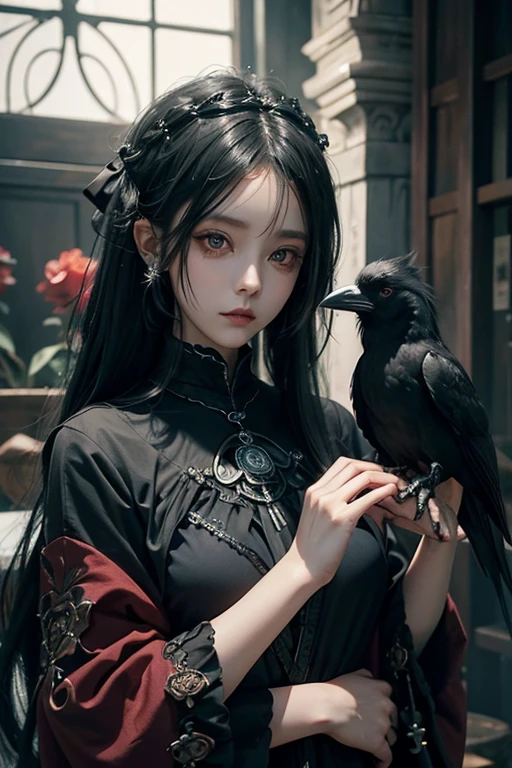 there is a woman with a bird on her shoulder, with long hair and piercing eyes, dark fantasy mixed with realism, 1 7 - year - old anime goth girl, cute face. dark fantasy, raven black hair, black hair and large eyes, by Yang J, artwork in the style of guweiz, dreamy gothic girl, with a real crow on her arm, red rose, red gorgeous accessories 