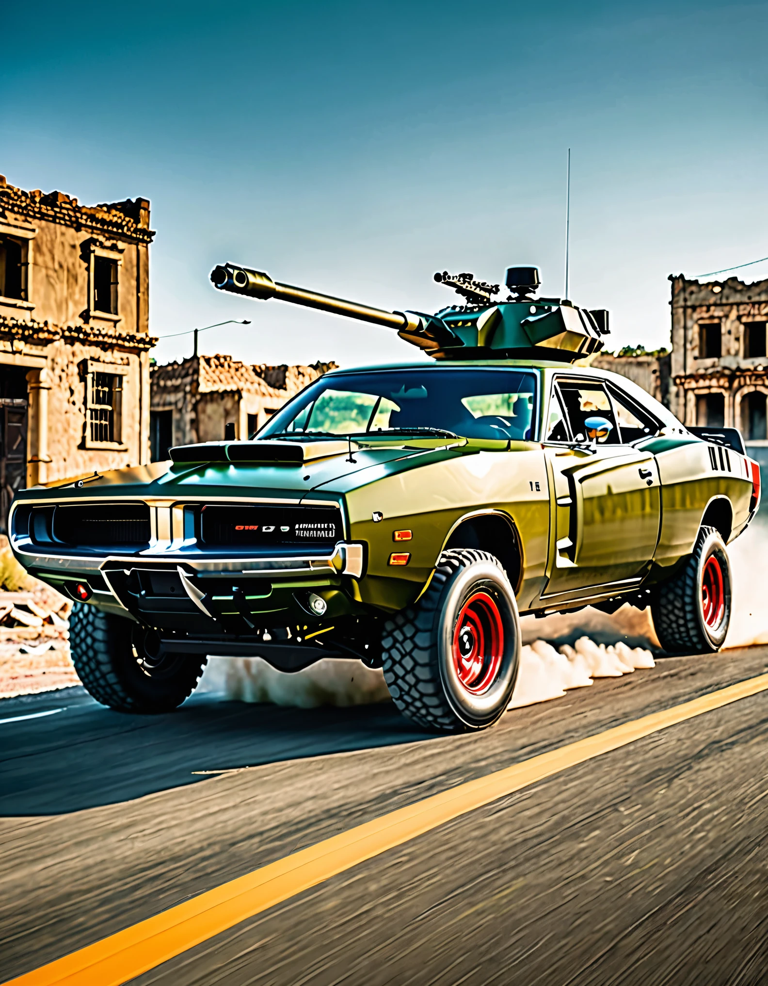 masterpiece, best quality, highres, a close up of a car with a roof-mounted light machine gun turret on top of it, 1car, olive green car, 2023 Dodge Charger, armor plating, florescent red headlights, day, city ruins, ground vehicle, motor vehicle, no humans, outdoors, road, tank focus, off-road suspension tires, matching tires, vehicle focus