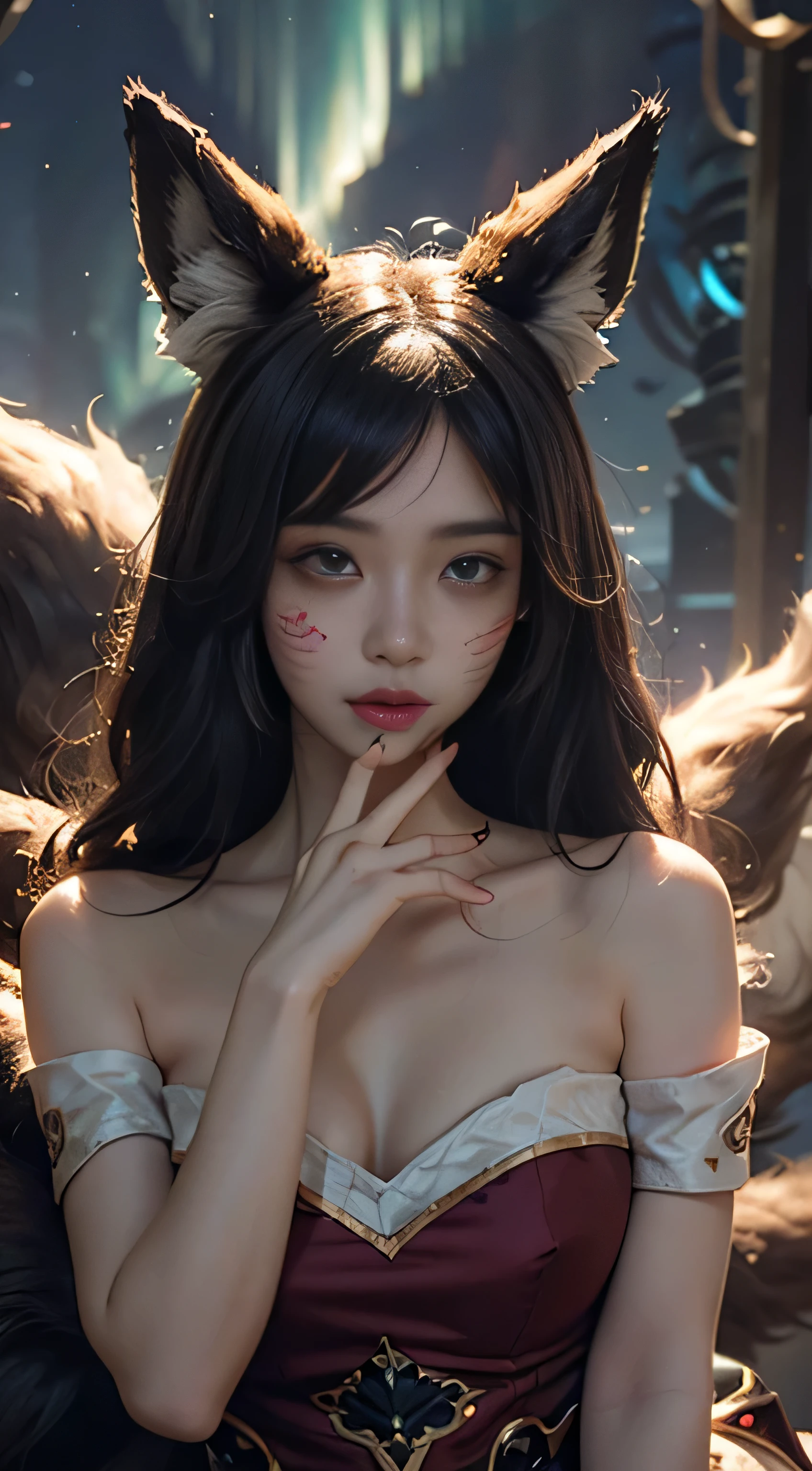1 Girl, Fox, Fox \ (League of Legends), K/DA \ (League of Legends), Animal Ears, Face Markers, Fox Ears, Fox Tail, Orange Eyes, Multiple Tails, upper body, Aurora backgound, red and white dress, beautiful hands, beautiful fingers, shot from front, looking at viewer