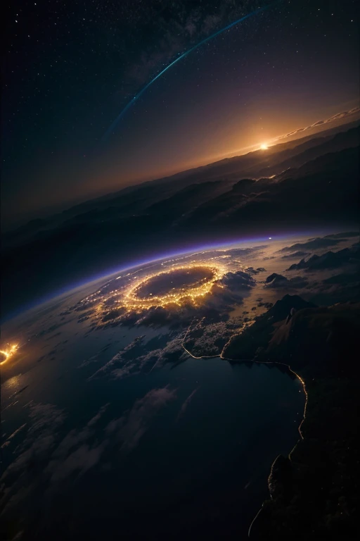 Crie uma imagem do planeta terra onde uma luz branca com violeta esteja saindo planeta diretamete do Estado do Rio Grande do Sul, Brasil