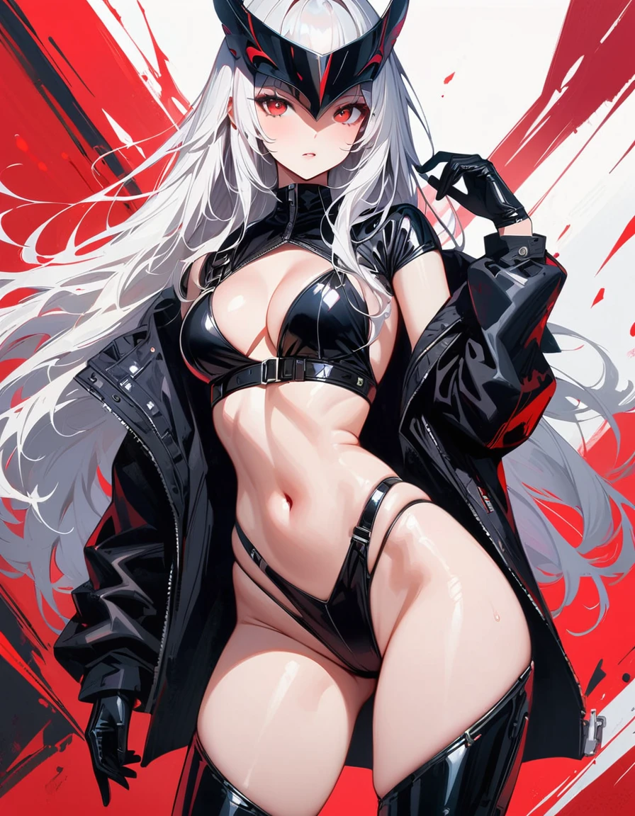 masterpiece, best quality, 8K, Digital painting, 1 girl, solo, stand up, youth, White hair, long white hair, red eyes, round pupils, Emotionless expression, jumpsuit, Long black gloves, One-piece bikini, tight latex one piece bikini, Highlight her graceful figure, wrap the whole body, ((Raised sexy)), Long black gloves, Black latex bikini, Blood-red eyes, best quality, High resolution, Super detailed, Vivid textures, mask, tight latex bikini, Bangs, (cleavage), ((sfw))