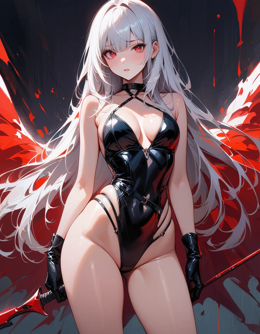 masterpiece, best quality, 8K, Digital painting, 1 girl, solo, stand up, youth, White hair, long white hair, red eyes, round pupils, Emotionless expression, jumpsuit, Long black gloves, One-piece bikini, tight latex one piece bikini, Highlight her graceful figure, wrap the whole body, ((Raised sexy)), Long black gloves, Black latex bikini, Blood-red eyes, best quality, High resolution, Super detailed, Vivid textures, mask, tight latex bikini, Bangs, (cleavage), ((sfw))