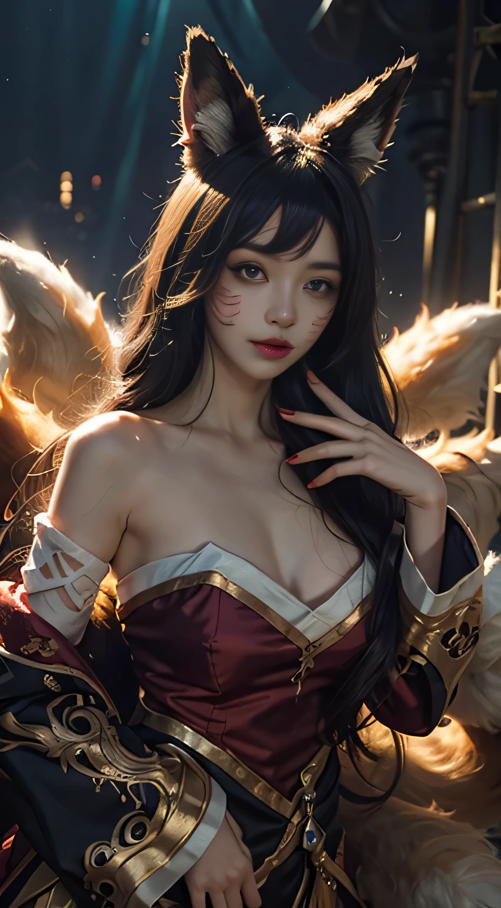  1 Girl, Fox, Fox \ (League of Legends), K/DA \ (League of Legends), Animal Ears, Face Markers, Fox Ears, Fox Tail, Orange Eyes, Multiple Tails, upper body, Aurora backgound, red and white dress, beautiful hands, beautiful fingers, shot from front, looking at viewer