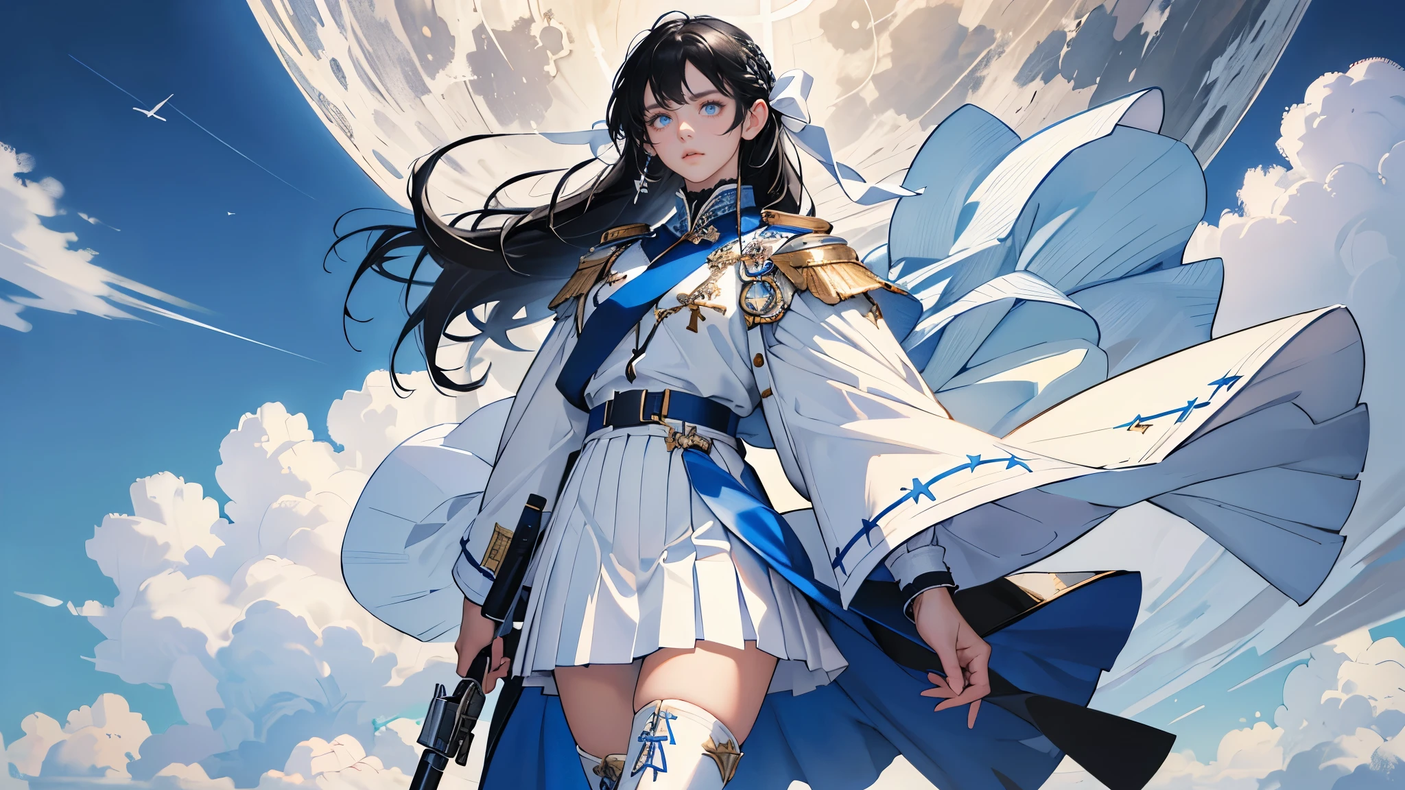 masterpiece, ultra detailed, 8k portrait, RAW photo, portrait photography, highly detailed face, beautiful and meticulous eyes, black hair, long hair, blue eyes, white hair ribbon, blue military uniform, blue pleats mini skirt, white chest armor, white tights, half boots, standing, (holding a beam sabel:1.5), by the moon,
