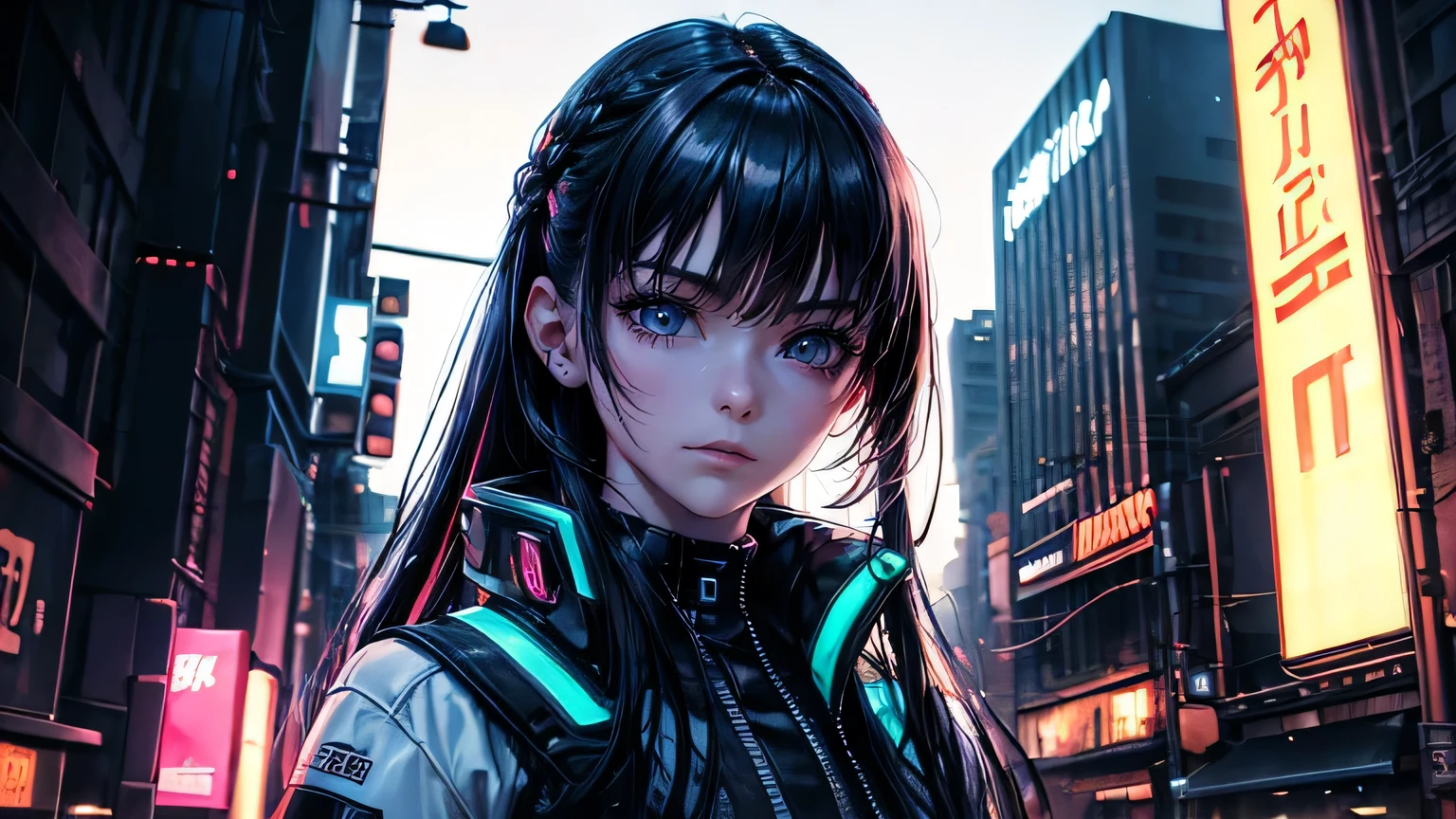(oil, masterpiece, highest quality, Super detailed, Focus on the characters), One female,Neon Light,Detailed hair depiction,cyber punk,([return:0.8]|[ face facing returnwards:1.1]), ,([Neon Lightシナリオ:1.2]|[ ground:1.3]| [High Contrast:1.1])  