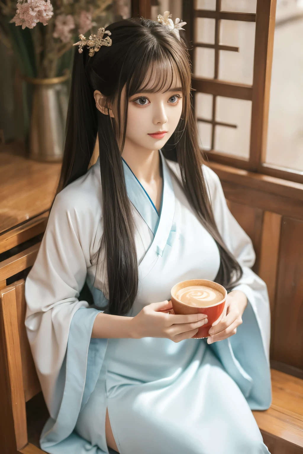 chunmomo, (masterpiece, best quality:1.2), soft light, 1girl, solo, delicate face, Detailed skin, long black hair, ,hanfu, chinese traditional dress,cafe,huge breasts