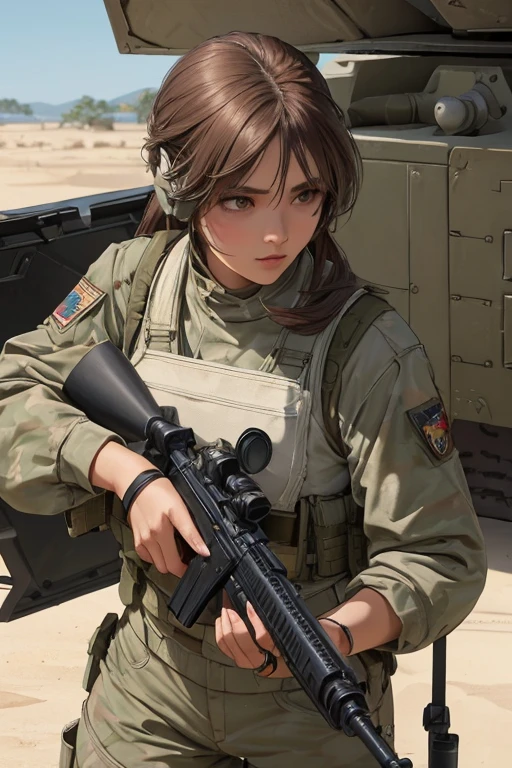 a woman in a white outfit holding a rifle and wearing headphones, 24-year-old woman, Filipino woman, tan bronze skin, soldier girl, mechanized soldier girl, military girl, beautiful female soldier, female lead character, infantry girl, of a sniper girl in war, solo female character, future combat gear, close up half body shot, Women in crop top military bulletproof vest, showing navel, quiet from metal gear solid v, wearing tactical gear, dressed in tactical armor, (aiming rifle)