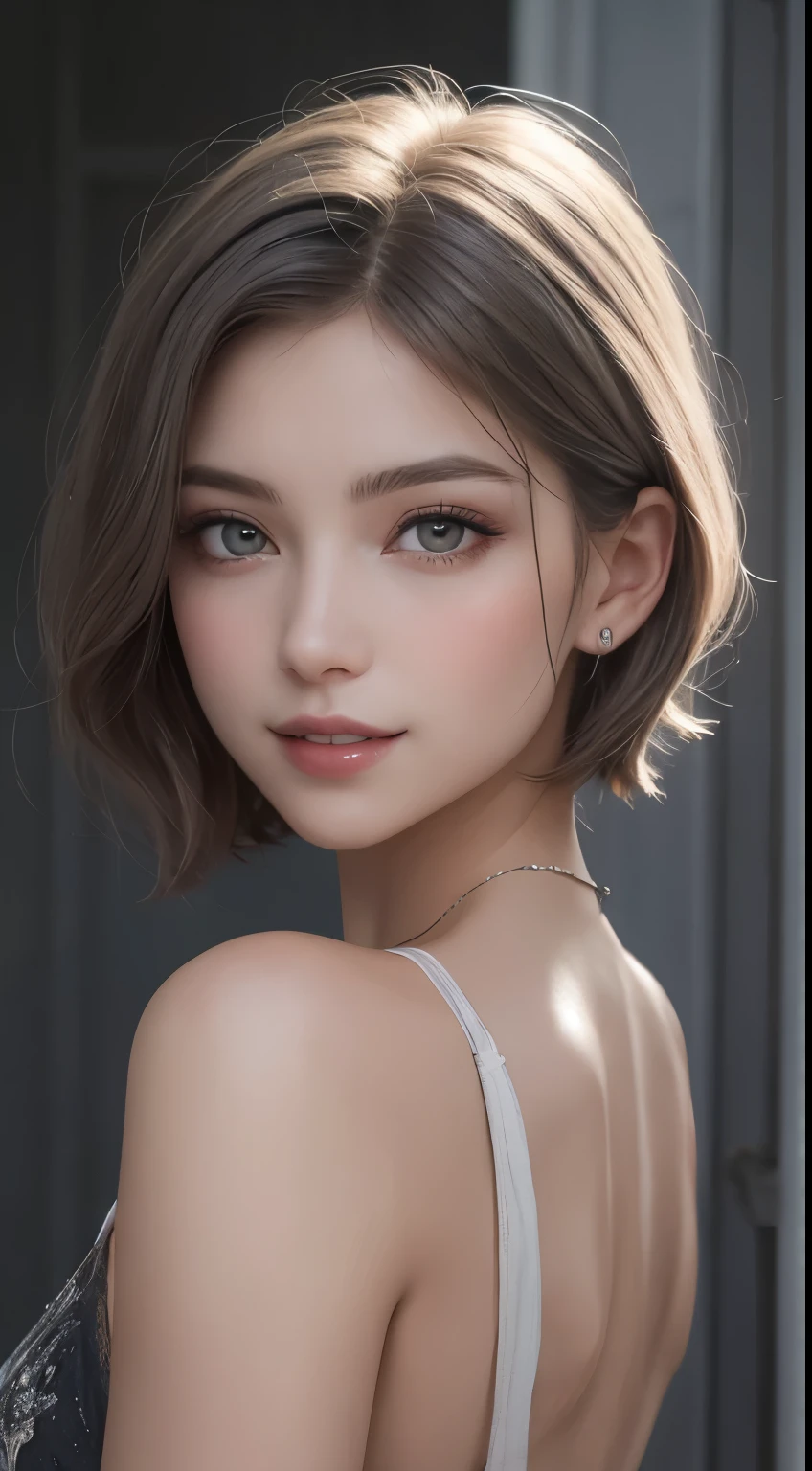 super realistic eyes、fashion model 24 years old, cute, [[[[moist eyes]]]], [[[[closeup]]]], [[[[chest]]]], [[[[neck]]]], [[[[shoulders]]]], perfect eyes, perfect iris, perfect lips, perfect teeth, perfect skin, soft front light, glow, HDR, (muted colors:1.2), Beautiful girl from Eastern Europe with her mouth closed、astonishing beauty、solo、Smile、beautiful face、Upper body、medium side cut、Beautiful short gray hair styled、beautiful little face woman, solo,　black theme,　look at the audience,one woman, It&#39;s real, Wolfzan-6500-V1.3, anime、anime style、beautiful realistic eyes、casual dress、portrait beautiful detailed woman, very detailedな目と顔, Reality, beautiful detailed eyes, huge file size, Super detailed, High resolution, very detailed, highest quality, masterpiece, An illustration, very detailed, ticker, Unite, 8K painting wallpaper, fine, fine details, masterpiece, highest quality, Hvery detailed ticker uniform 8K wallpaper, face light movie lighting、Cute Blouse, dark background, oil, masterpiece, diffused soft film lighting, Portrait, highest quality (perfect face:1.4),stunning girl pictures,(8K and、photorealistic:1.25) 、(lip gloss、eyelashes、shiny face、shiny skin、highest quality、超High resolution、Depth of the bounds written、chromatic aberration、caustic road lighting、natural shading、woman, (Ultra Realistic eyes, High Resolution), (High Definition Eyes, High Definition Hair, High Definition Face, High Definition Plump Lips), (Breast Open Off Shoulder), Bust, Upper Body, Affectionate Smile, (Best Picture Quality: 1.4), Raw Photo, (Realistic, Photography: 1.37), Professional Photographer, Film-like Light, (Fine Plane: 1 . 2),1 Woman, (Ultra Realistic, High Resolution), (High Definition Eyes, High Definition Hair, High Definition Face, High Definition Plump Lips), (Open Breasted Off Shoulder), Bust, Upper Body, Adorable Smile, (Top Quality:1.4), Raw Photo, (Realistic, Photo Realistic:1. 37), Professional Photography, Neat Face: 1 .2), (Representative Work: 1.3), (8K, Phot