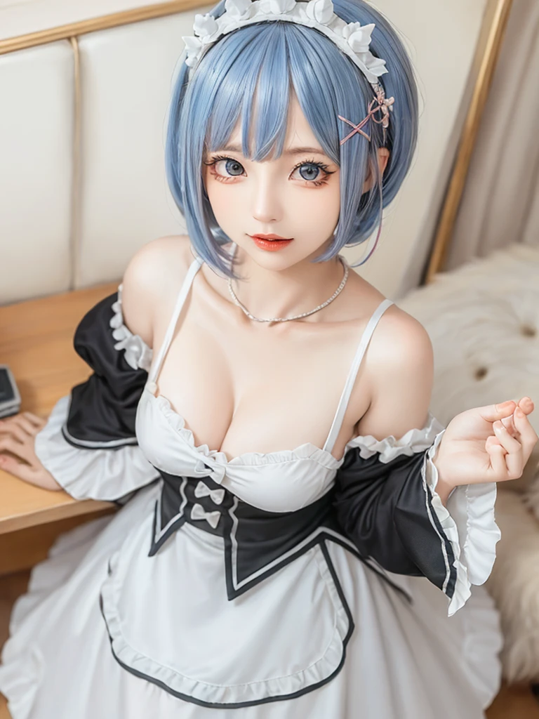 (8K, Photorealistic, Raw photo, of the highest quality: 1.3), (1girl in), Super beautiful, (Realistic face), (boyish, light blue Color Berry Shorthair),(8K, Photorealistic, Raw photo, of the highest quality: 1.3), (1girl in), Super beautiful, (Realistic face), (boyish, pink Color Berry Shorthair), Beautiful , Glare that captivates the viewer, Beautiful expression, Beautiful breasts, (Realistic skin), Be...Create a detailed and colorful image of Ram and Rem from Re:Zero, standing back-to-back in their maid outfits, with a magical fantasy background、14years old, two girls,cute, perfect face, beautiful, nice body, gothic ta clothes, gothic loliashion, frilly skirt, headdress, necklace, bracelet, knee-high socks, boots, double eyelids, tear bags, Detailed down to the fingers, photo-like description, indoors, dim indoor lighting, one girl is pink hair and short bob, another girl is light blue hair and short bob,standing, whole body, composition that shows the whole body, smiling,The Both of them are wearing the same type of maid outfit