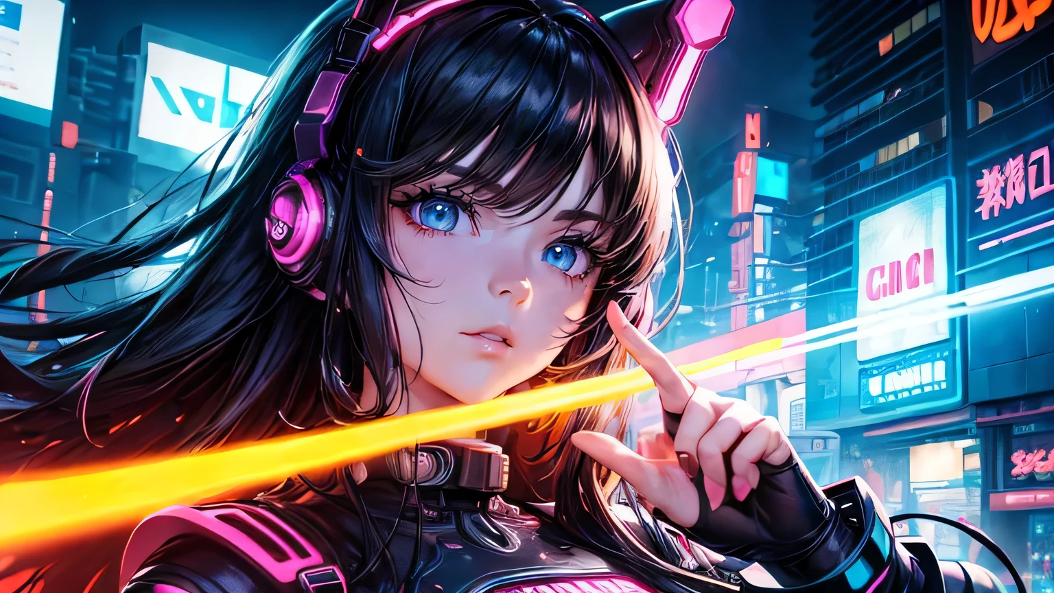 (oil, masterpiece, highest quality, Super detailed, Focus on the characters), One female,Neon Light,Detailed hair depiction,cyber punk,([return:0.8]|[ face facing returnwards:1.1]), ,([Neon Lightシナリオ:1.2]|[ ground:1.3]| [High Contrast:1.1])  