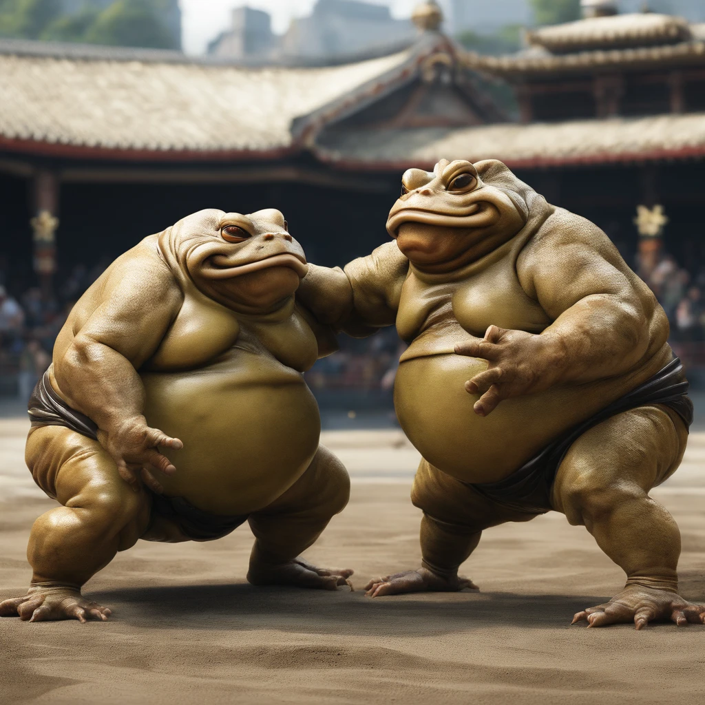 Two sumo frogs wrestling in a sumo arena