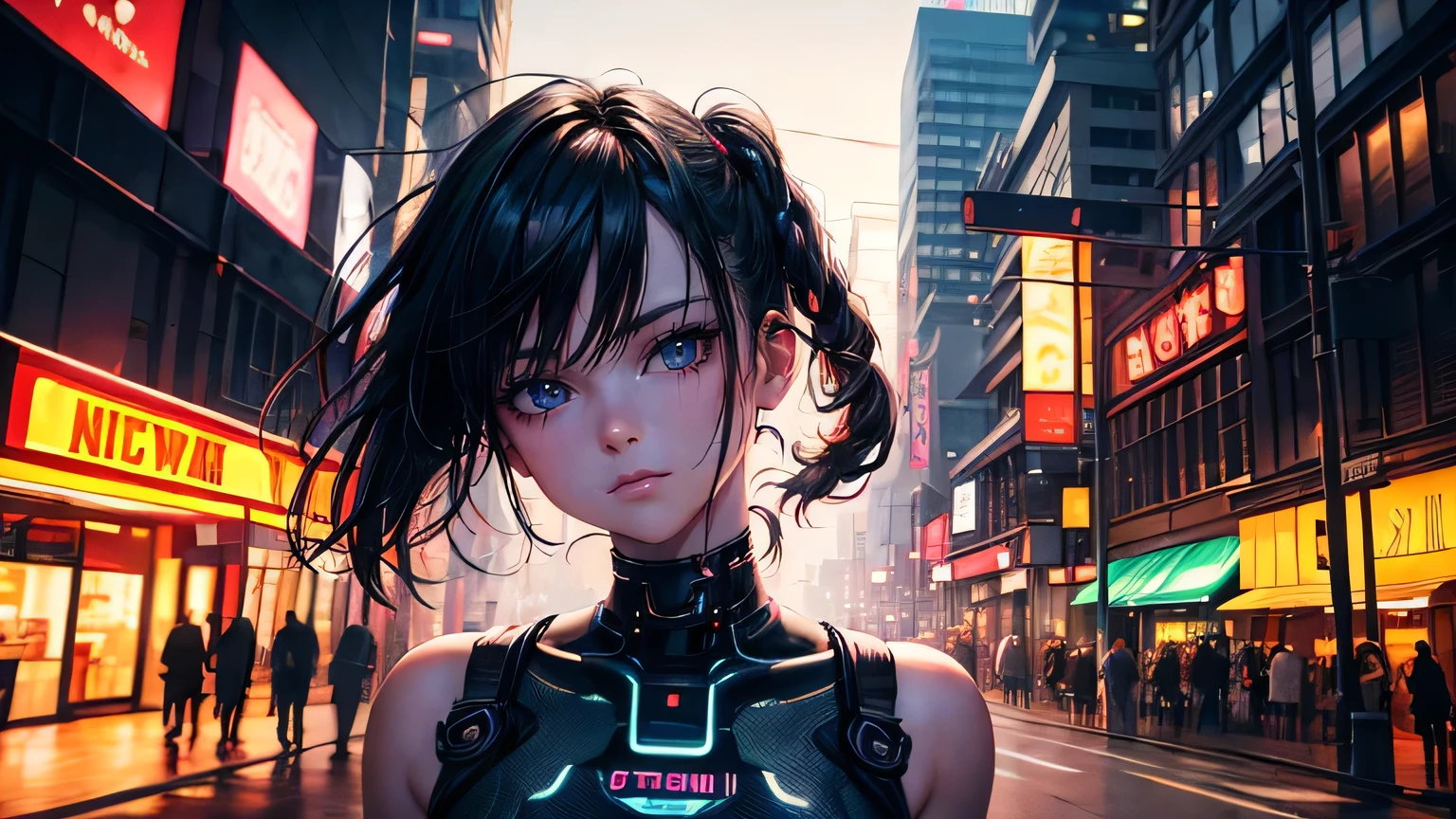 (oil, masterpiece, highest quality, Super detailed, Focus on the characters), One female,Neon Light,Detailed hair depiction,cyber punk,([return:0.8]|[ face facing returnwards:1.1]), ,([Neon Lightシナリオ:1.2]|[ ground:1.3]| [High Contrast:1.1])  