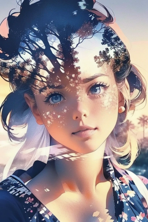 Photorealistic、((Super multiple exposure effect where the background can be seen through the clothes))、With a girl、Laughter、Lakeside in the background、wonderful、towards the night view, If you leave the shutter open for a long time、create a line of light.