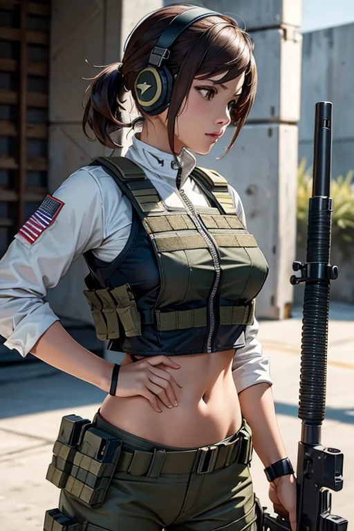 a woman in a white outfit holding a rifle and wearing headphones, 24-year-old woman, Filipino woman, tan bronze skin, soldier girl, mechanized soldier girl, military girl, beautiful female soldier, female lead character, infantry girl, of a sniper girl in war, solo female character, future combat gear, close up half body shot, Women in crop top military bulletproof vest, showing navel, quiet from metal gear solid v, wearing tactical gear, dressed in tactical armor, (aiming rifle)