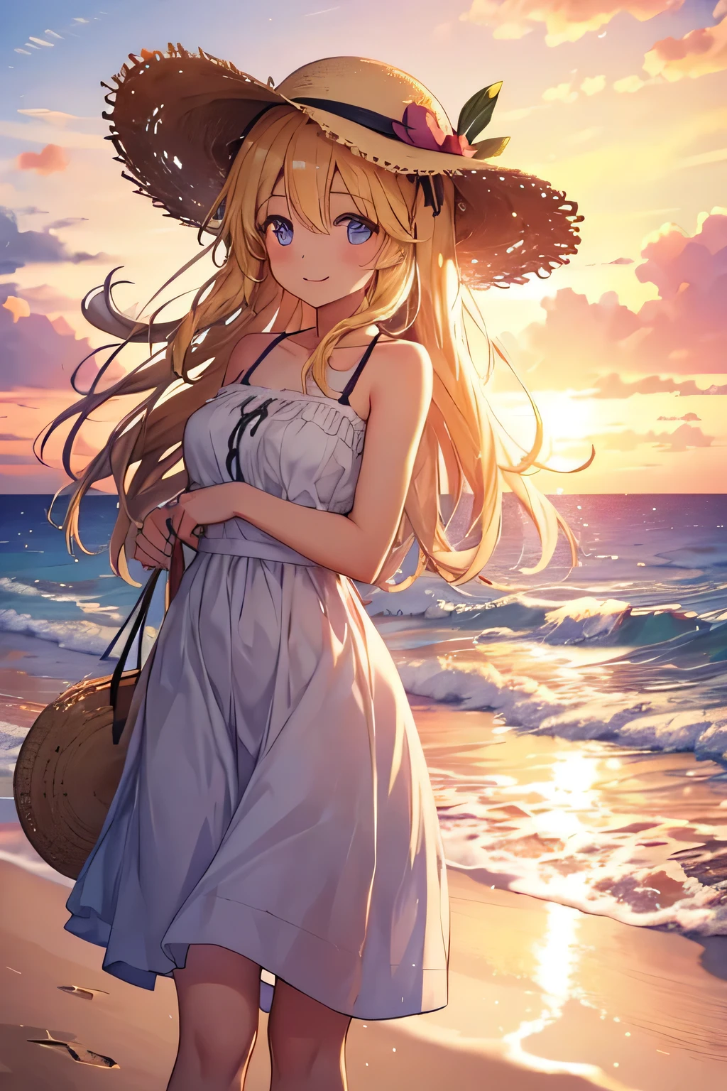 girl,sunset,late day, summer day,straw hat,beautiful smile,beach in background,high quality