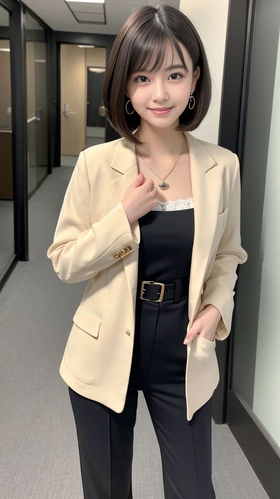 (highest quality,masterpiece:1.3,Ultra-high resolution),(Very detailed,8k),(Realistic:1.4,RAW shooting)、Blurred Background。cute,  20-year-old woman、Smile with an embarrassed look。Drawn in a full-body pose。Black recruitment suit。C cup bust。Earrings、Heart Necklace、Short hairstyle。clock、Wearing pumps、Standing in the office。