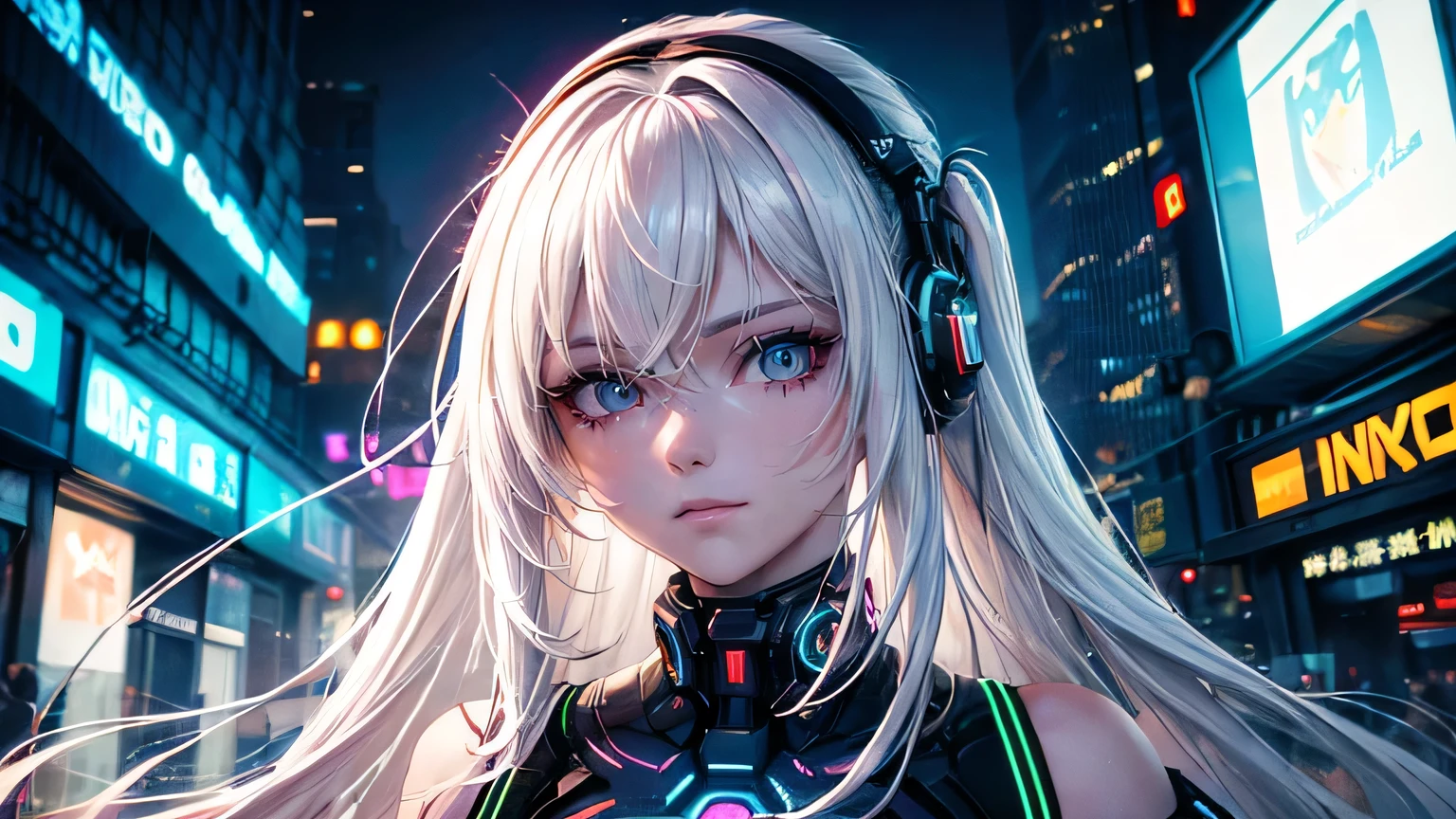 (oil, masterpiece, highest quality, Super detailed, Focus on the characters), One female,White hair long hair neon light,Detailed hair depiction,cyber punk,([return:0.8]|[ face facing returnwards:1.1]), ,([Neon Light Scenario:1.2]|[ ground:1.3]| [High Contrast:1.1])  