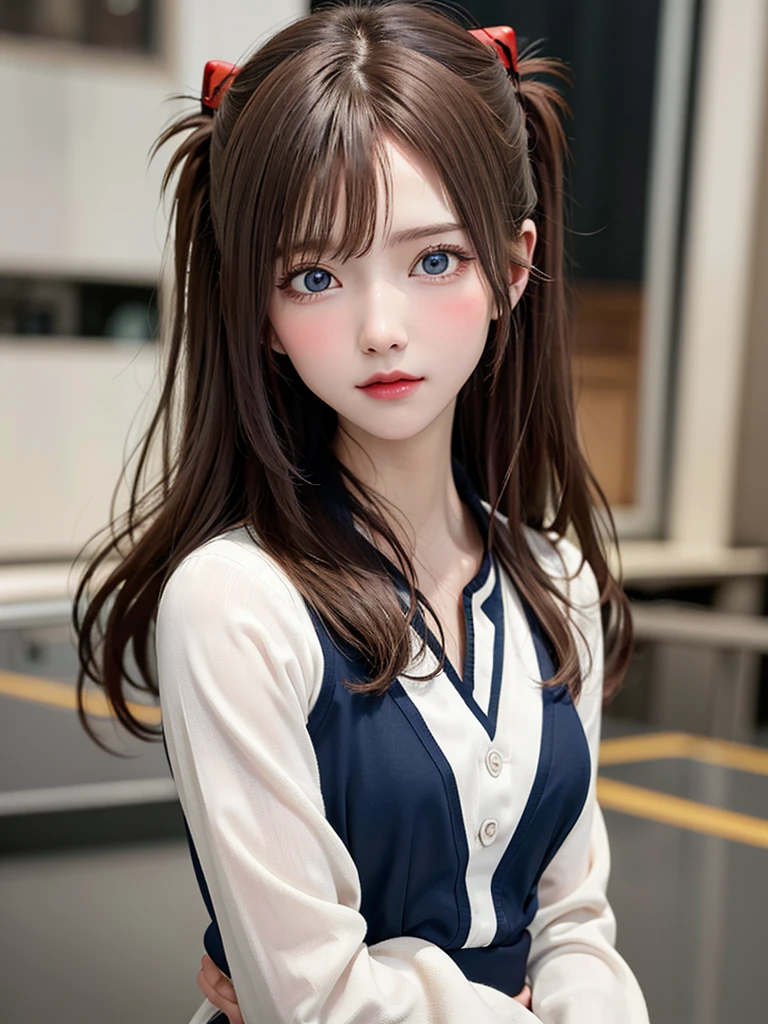 ((Best quality)), ((Masterpiece)), (Details: 1.4), 3D, Asuka Langley Soryu, Asuka, high resolution (high dynamic range), ray tracing, NVIDIA, super resolution, Unreal 5, subsurface scattering ,PBR texturing, post-processing, anisotropic filtering, depth of field, maximum sharpness and sharpness, multi-layered textures, albedo and specular maps, surface shading, accurate simulation of light and matter interaction, perfect proportions ,Octane Rendering,Two-Tone Lighting,Wide Aperture,Low ISO,White Balance,Rule of Thirds,8K RAW,(Masterpiece: 1.4, Best Quality), (Intricate Details), Unity8k Wallpaper, Highly Detailed, Beautiful and Mysterious, Details background, realistic, alone, perfectly detailed face, detailed blue eyes, highly detailed, blush, hair ornament, chignon mahogany hair, (blonde), plug suit 02, Shikinami Asuka Langley, Evangelion, Slender 15-year-old girl, full body suit, black background, above the waist,composition that shows the whole body,
