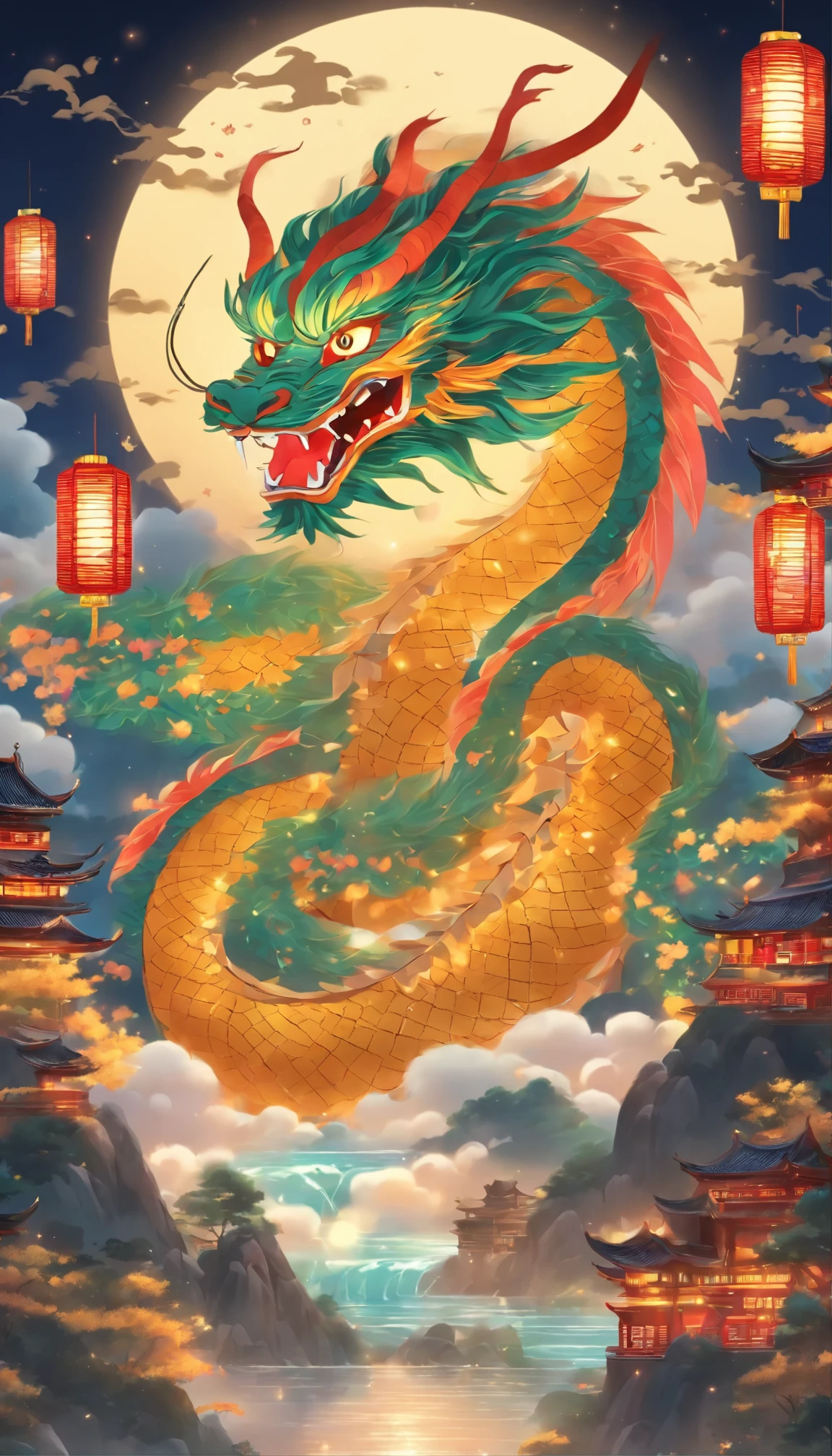 Mid-Autumn Festival、Full Moon、A Chinese dragon is in the sky，Only Dragon，moon，Star、The lights will turn on、fireworks、deliver、celebrate、environment、square、Bamboo Lantern、night、celebrate、art on、equipment、Deco、resource，High definition resolution