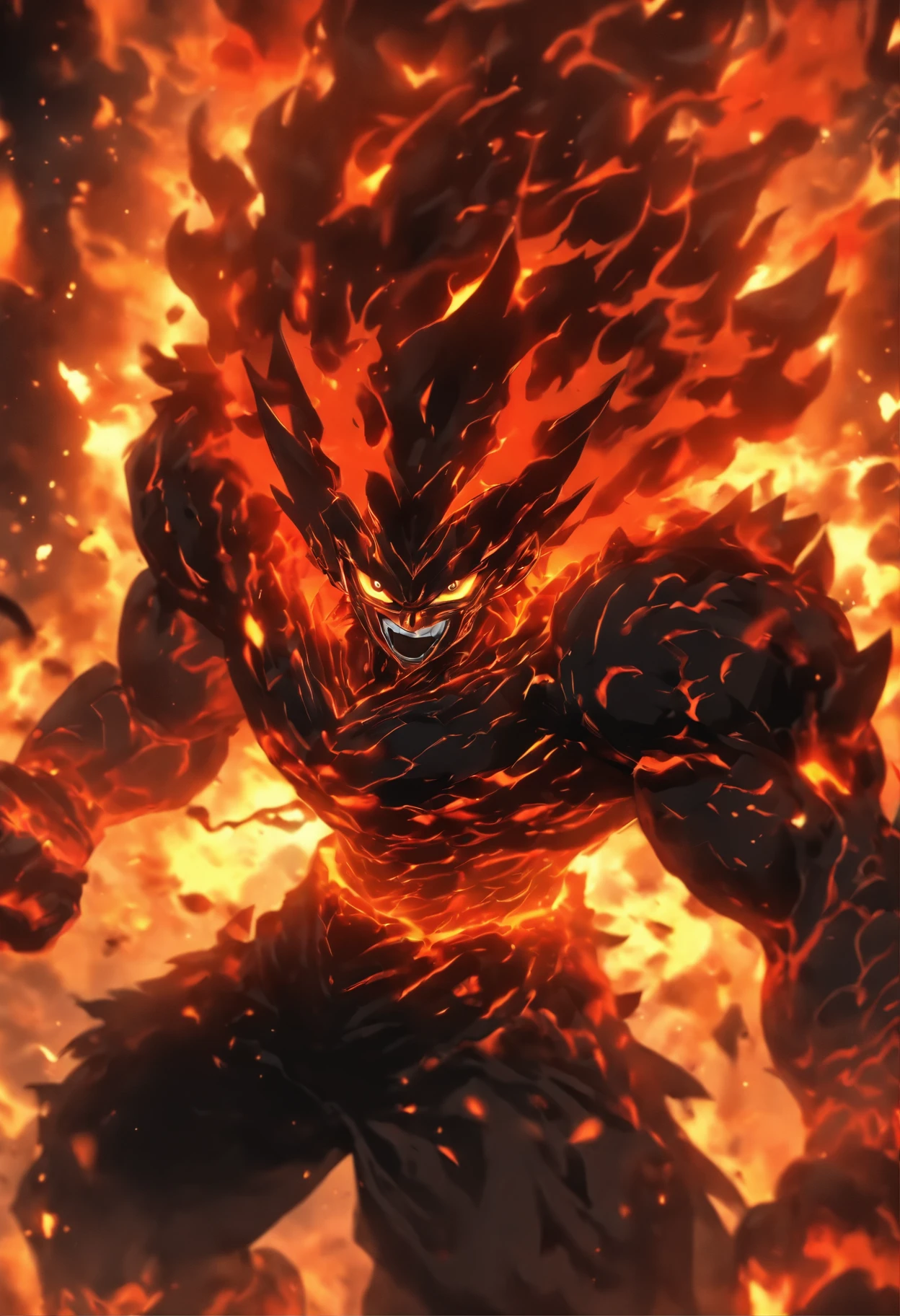 ((masterpiece, best quality, Highest image quality, high resolution, Reality, original photo, 8k)), ((Extremely detailed CG unified 8k wallpaper)), Demon statue made of black rock, Lava Demon, Spark Dance, Flames burst out from the torn body, Flame in the dark image, Red and black theme, Angry face,