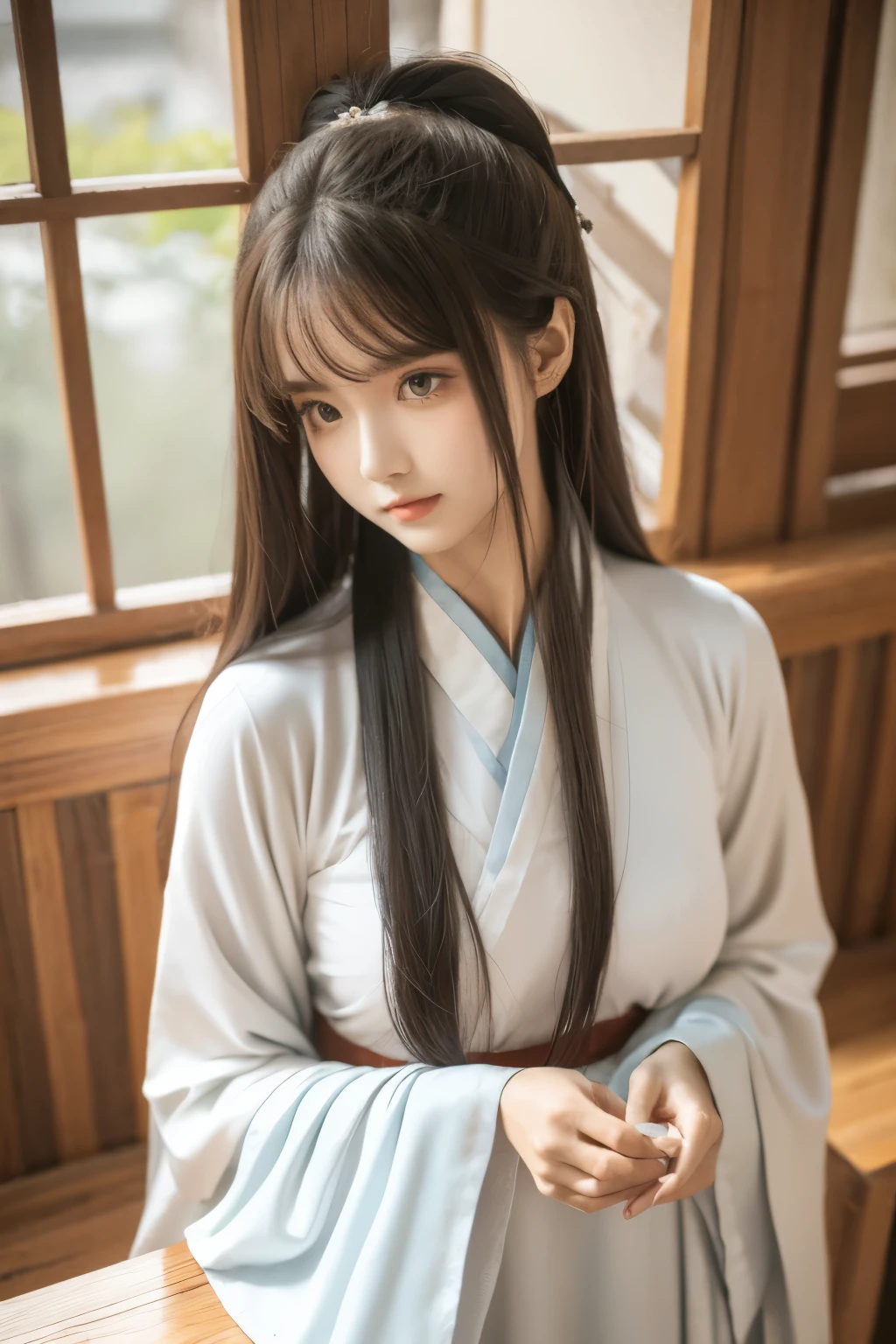 chunmomo, (masterpiece, best quality:1.2), soft light, 1girl, solo, delicate face, Detailed skin, long black hair, ,hanfu, chinese traditional dress,cafe,huge breasts