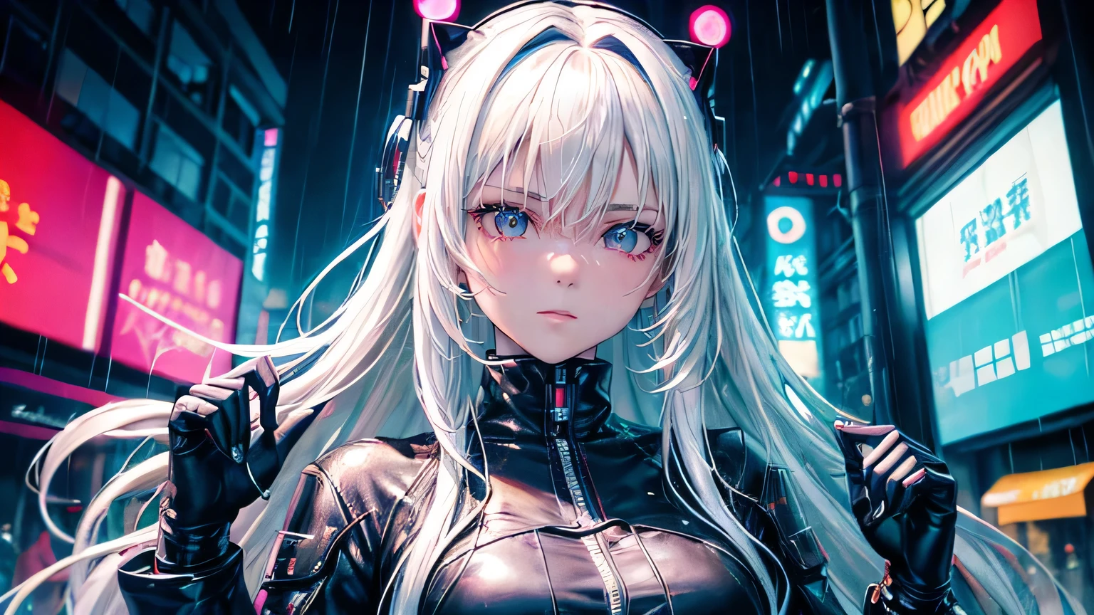 (oil, masterpiece, highest quality, Super detailed, Focus on the characters), One female,Long white hair,Neon Light,rain,Detailed hair depiction,cyber punk,([return:0.8]|[ face facing returnwards:1.1]), ,([Neon Lightシナリオ:1.2]|[ ground:1.3]| [High Contrast:1.1])  