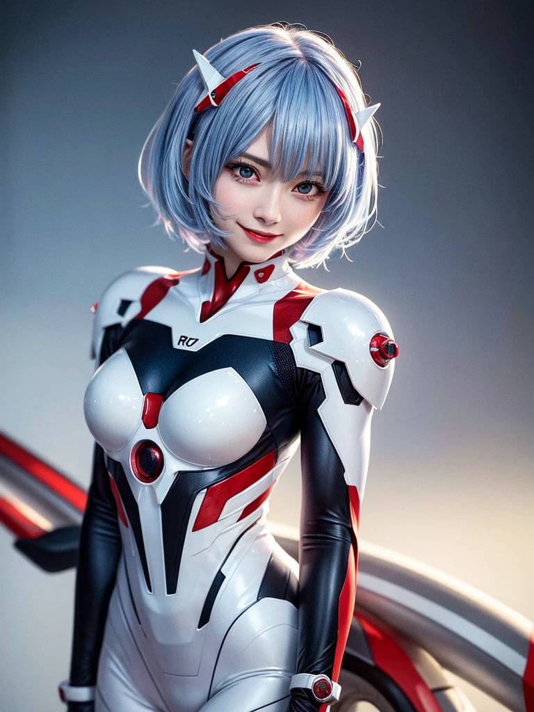 Masterpiece, highest quality, 8K, detailed skin texture, fine cloth texture, beautiful detailed face, intricate details, super detailed, portrait of Rei Ayanami, blue hair, red eyes, looking far away, no background, Evangelion Wearing a plug suit when riding, plug suit, whole body visible, standing, arms crossed, 15 years old, beautiful, cute, great style, smiling,composition that shows the whole body,
