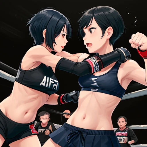 A female fighter is punching her fist into the poor belly of a cute Japanese high school girl with short-cut black hair. Mixed martial arts ring. Sports bra, bikini pants, open finger gloves.