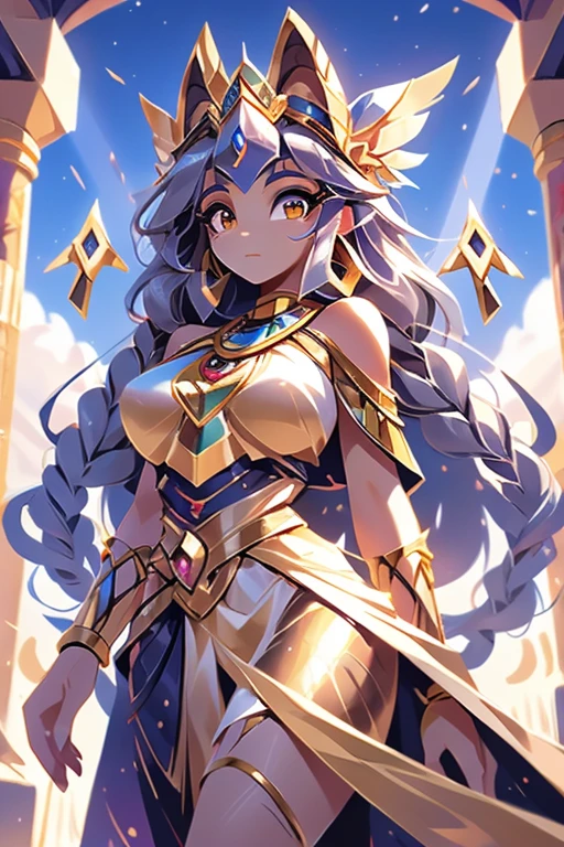 Nome: Amun-Ra Tema: Deusa do Sol e Soberana do Nilo Cor da pele: Pale Gray Hair: Preto, long and braided eyes: Dourados Roupa: A flowing gold silk dress, adorned with ancient Egyptian jewelry. A cloak with patterns and hieroglyphics in gold wraps his shoulders. Pulseiras, colares e brincos elaborados complementam o traje. accessories: A golden crown with peacock plumes stands majestically on his head. She carries a golden staff with a sun symbol on top.. Amun-Ra is a powerful Egyptian deity, representando o sol e a vida no antigo Egito. Your pale gray skin symbolizes your divine and eternal nature. Her long, braided black hair and golden eyes radiate a heavenly glow.. Amun-Ra wears a flowing gown of golden silk, que reflete a grandiosidade e o esplendor do sol. Symbols and hieroglyphs in gold adorn his cloak, representing the rich history and culture of Egypt. Your accessories, like the peacock crown and the golden staff, simbolizam seu poder e autoridade. Amun-Ra is a majestic and wise figure, reverenciada como a soberana do Nilo e adorada como a divindade do sol. She personifies the greatness and influence of the ancient Egyptian civilization.