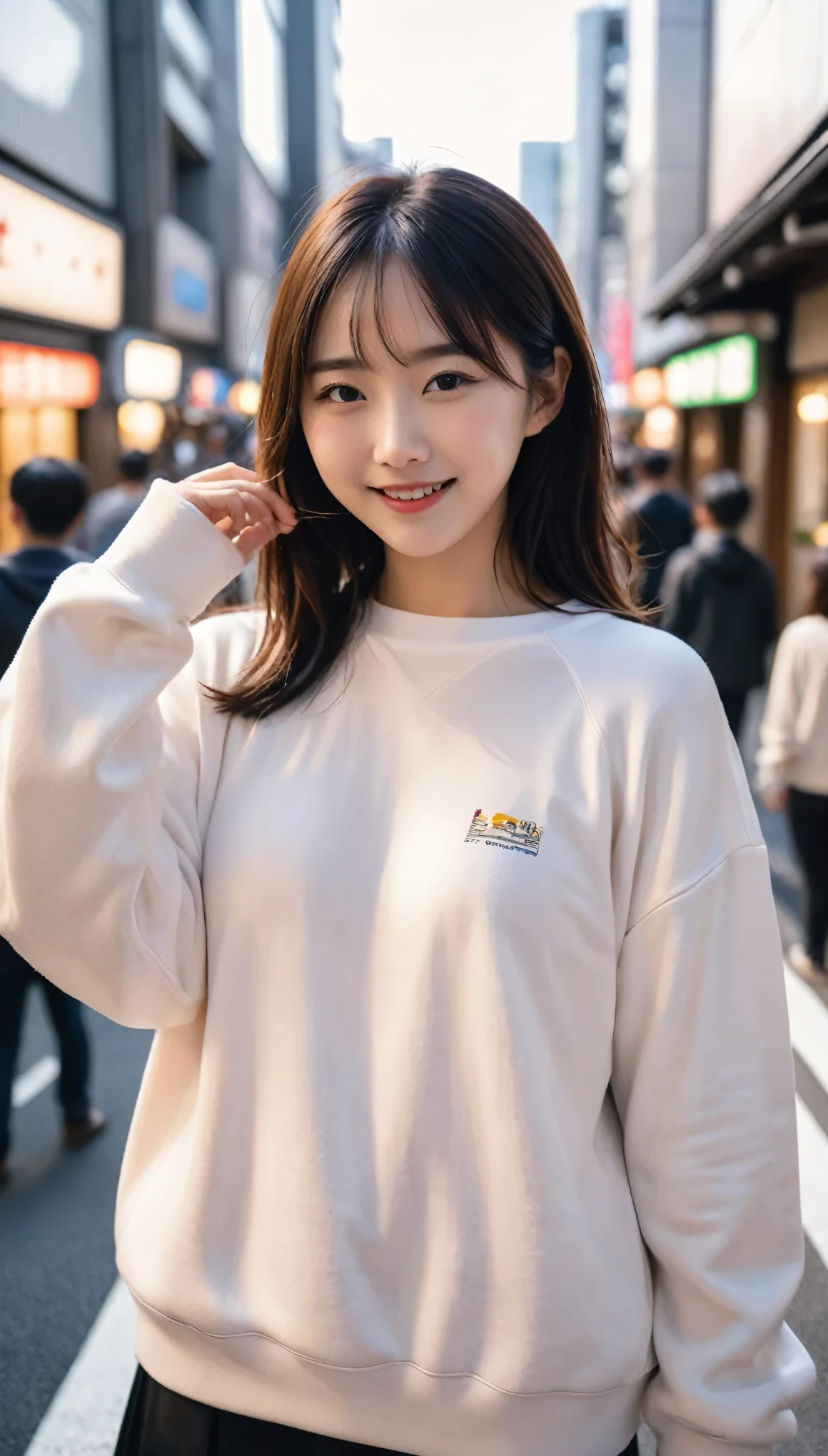 highest quality、masterpiece、Ultra-high resolution、live-action、4k、squat、Oversized sweatshirt、Beautiful Japanese Women、20 years old、Cute smile、Shooting from above at an angle、Selfie、Outdoor、In town、Shibuya