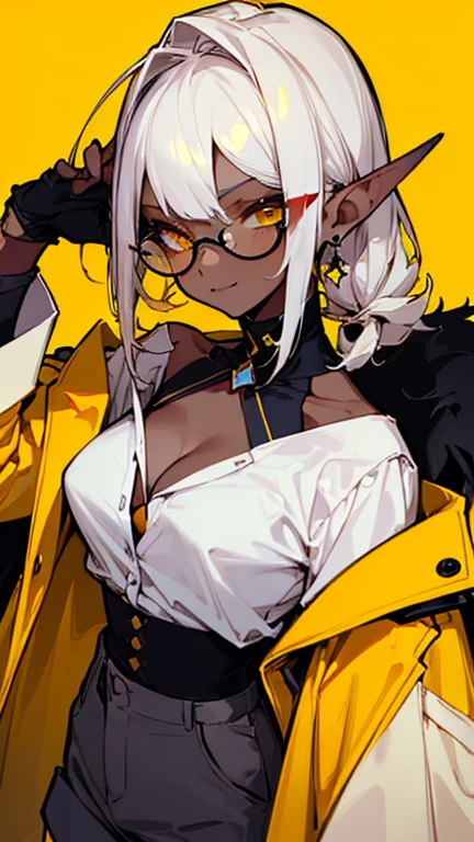 (highest quality、masterpiece:1.2) 1 Female, adult, ((Dark skinned women, Hair over the ears)), dark white hair, yellow Eyes, glasses, ((mixed color tailored jacket, white shirts, short pants)), (Malicious smile), sharp eye, (cleavage), little earring, pose, hand gesture, pointy ears, off shoulder, leather gloves, mouth mask,