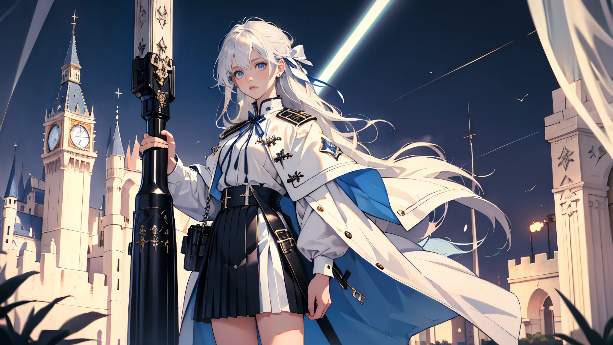 masterpiece, ultra detailed, 8k portrait, RAW photo, portrait photography, highly detailed face, beautiful and meticulous eyes, black hair, long hair, blue eyes, white hair ribbon, blue military uniform, blue pleats mini skirt, white chest armor, white tights, half boots, standing, (holding a beam sabel:1.5), by the old castle, in mid night,
