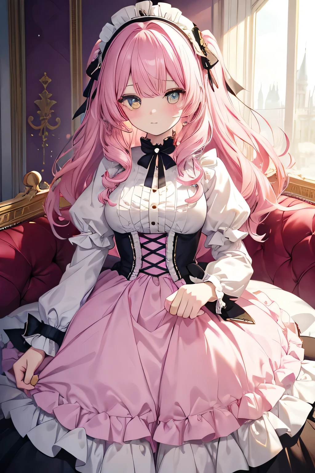 girl, heavy curls hair,pink hair, yellow eye color, royal like-pastel gothic-lolita dress, holidng a teddy bear in a palace