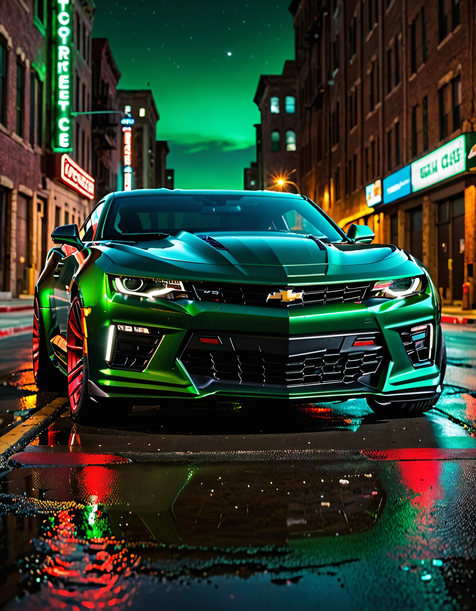 masterpiece, best quality, highres, a close up of a car 1car, dark green car, 2023 chevorlet camaro, neon red headlights, nighttime, city ruins, ground vehicle, motor vehicle, no humans, outdoors, road, matching tires, vehicle focus