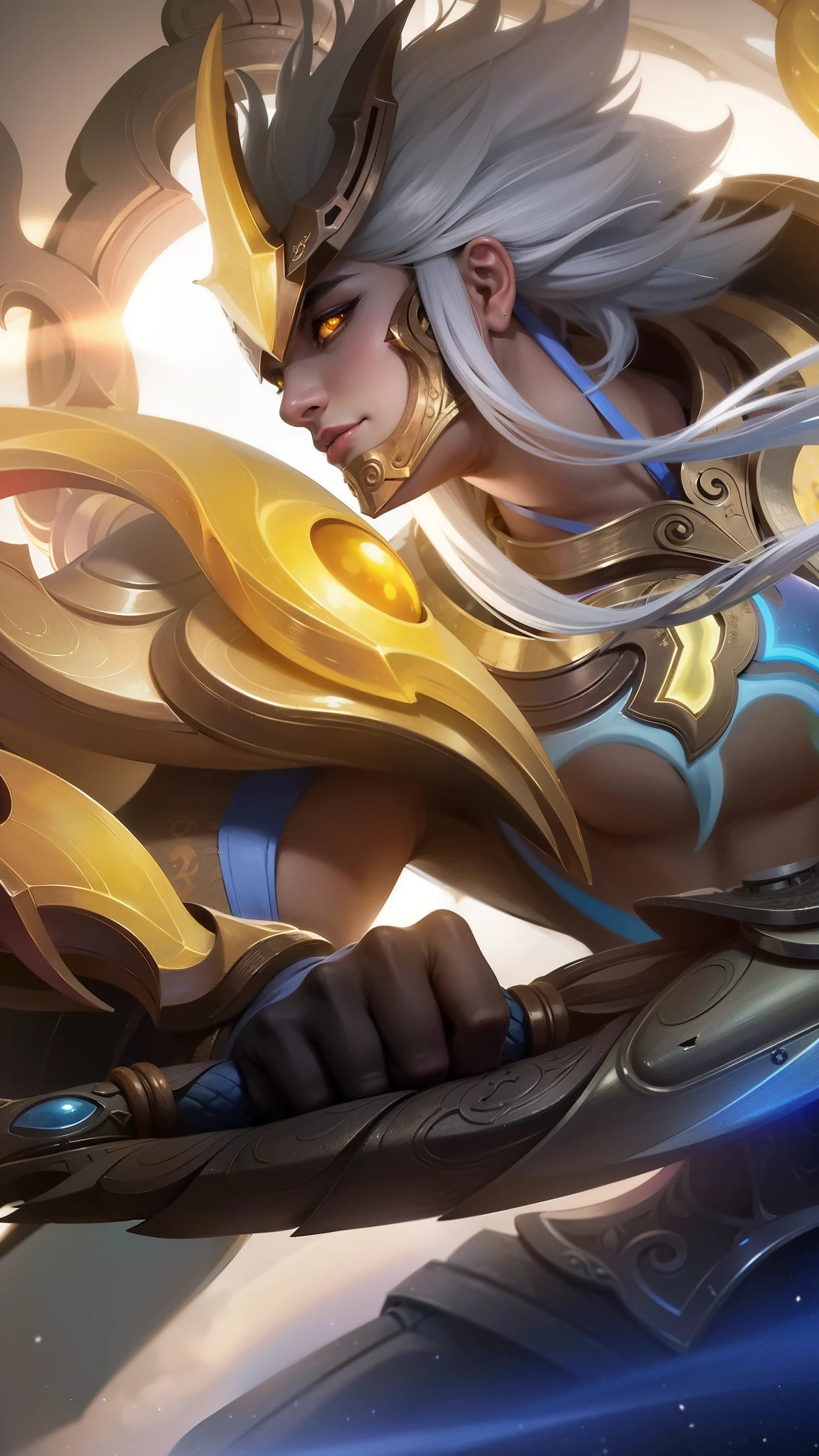 8k quality, a man with a sword in her hand, Masterpiece, ultra HD, detailed all picture, a close up of a devil, dyrroth from mobile legend, evil, extremely detailed artgerm, mobile legends character, inspired by Dyrroth, Six pack chest and abs, black jewel above the chest, light yellow eyes.