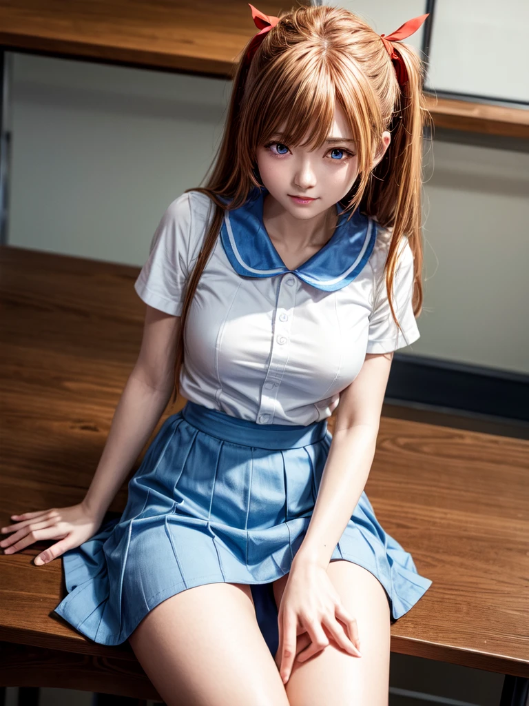 （8k, highest quality, Pieces fly:1.2)、Ultra-high resolution、anime,1 very pretty girl,Asuka Langley,Highly detailed face, Fine grain,blue eyes,,White sailor collar plain short sleeve shirt,Light blue skirt,Light Blue Suspenders,uniform_Red ribbon,Orange Hair,Long Hair、Detailed hand and fingers,put your hands in your hair,Grin、sitting on desk,Shooting from the sky,classroom