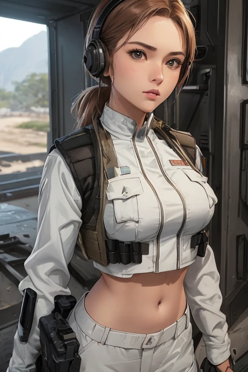 ((a woman in a white outfit holding a rifle and wearing headphones)), 24-year-old woman, Filipino woman, tan bronze skin, soldier girl, mechanized soldier girl, military girl, beautiful female soldier, female lead character, infantry girl, of a sniper girl in war, solo female character, future combat gear, close up half body shot, ((Women in crop top military bulletproof vest)), (showing navel), quiet from metal gear solid v, wearing tactical gear, dressed in tactical armor, (aiming rifle), (realistic gun)