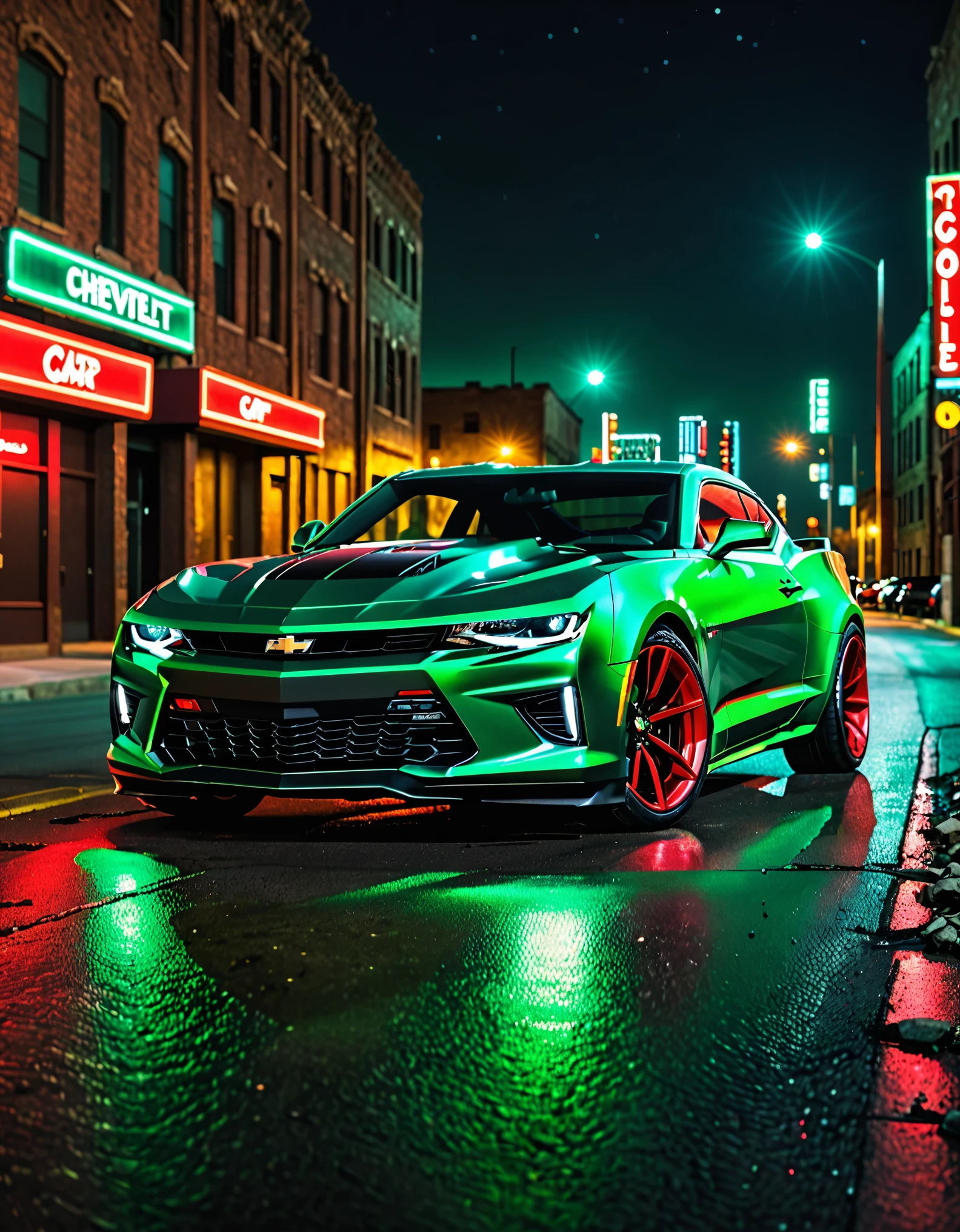 masterpiece, best quality, highres, a close up of a car 1car, dark green car, 2023 chevorlet camaro, neon red headlights, nighttime, city ruins, ground vehicle, motor vehicle, no humans, outdoors, road, matching tires, vehicle focus