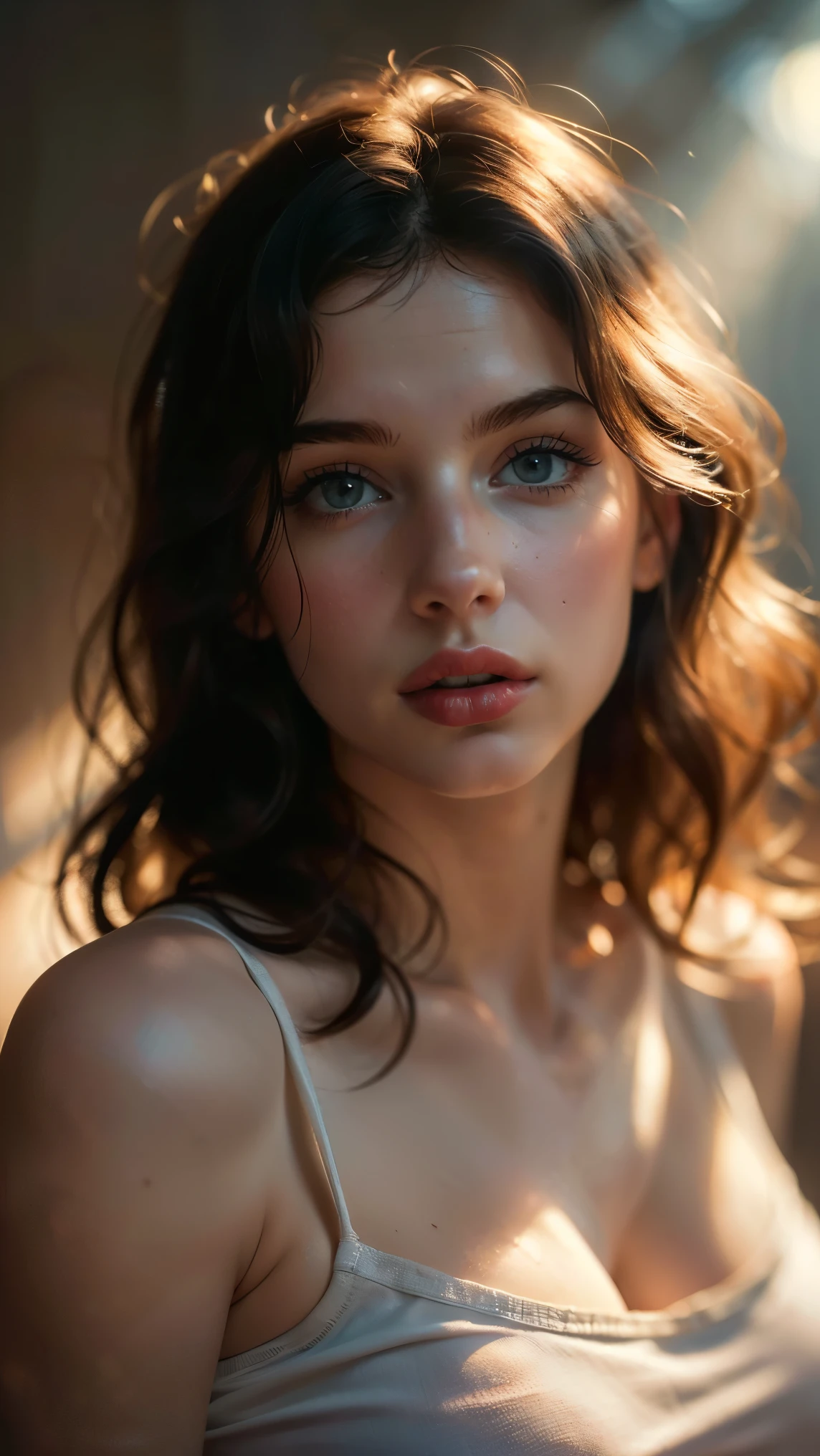 (((ultra realistic))) Photo, masterpiece, top quality, (pale skin), (Ultra detailed face and eyes:1.3), 1 girl, Adult, in a T-shirt, (Eye makeup, mascara) , ((large detailed lips)), ((ash wavy hair)), ((Chyolka)) , (Natural breasts), Slim waist. ((Posing)), photoshoot, studio (soft lighting), (The play of light and shadows), depth of field, bokeh, (special attention to skin detail: 1.2), Detailed leather texture, skin pores. (Airy atmosphere of the frame. Color range - delicate, Bright, white, Pink tones), UDR, ((Film grain)), ((rays)), ((glare of the sun)), ((waist up portrait, close to the camera)) , ultra detialed,