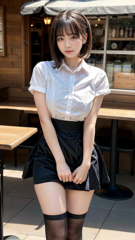 muste piece, best quality, illustration, Super detailed, fine details, High resolution, 8K,wall paper, perfect dynamic composition,(Details High quality, realistic depiction of eyes:1.3), kneeing, waitress uniform, restaurant, huge breasts, short bob hair、black hair color, Big Natural Color Lip, acrobatic pose, crying a little、cold gaze, Harajuku style、20 year old girl、cute type、ta、beautiful legs, focus on crotch, full body photo, gravure idol
