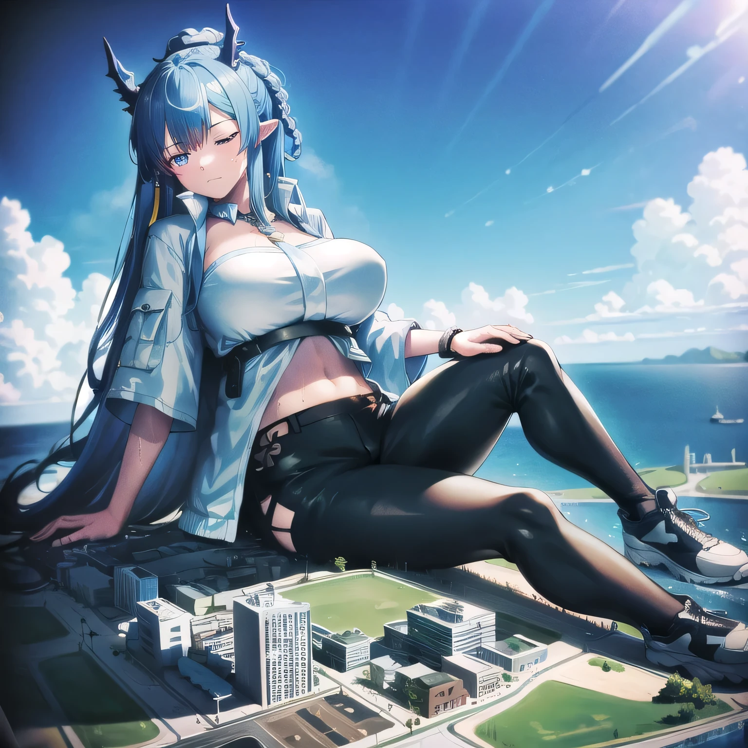 giantess, Only one girl, Woman sitting on the ground, (((character Sleeping girl on a mountain top next to a city))), ((Super huge girl bigger than a island)), ((destroyed city)), Wearing pink sportswear that shows off her cleavage, Wear black yoga pants underneath, navel, Long legs, Tightens abs, No chest leakage, crash city, tiny city, micro city, skinny pants, gym room, big assa, city, ((Sweat)), (((Falling sweat))), giga giantess, huge craters, Steam from the body, cracks in the ground, earthquak, blue sky, City, ling_arknights, first-person view, first-person view, anime, first-person view, anime, best quality, masterpiece, highres