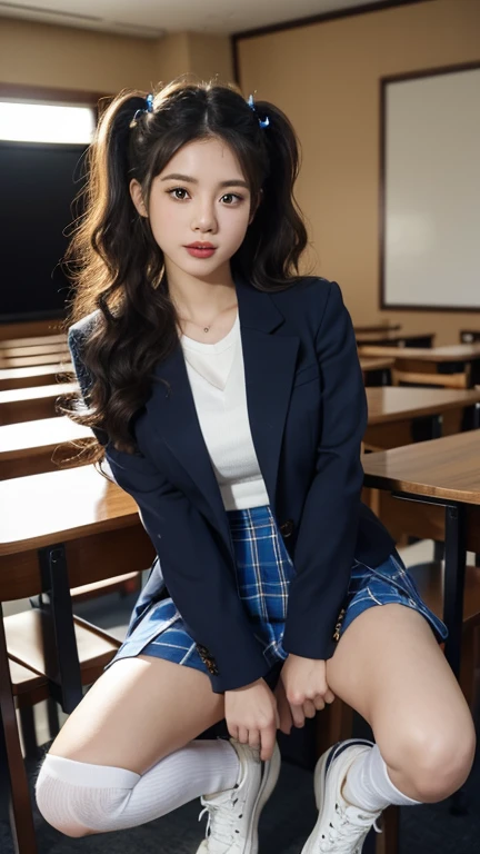 highest quality,woman,Twin tails,Curly Hair,Soft wavy hairstyle,bright、Has a lively expression,健康的でbright肌の色,Thick lips,From below,whole body,Looking at the camera,Cinema Lighting,classroom,Big Breasts,Cinema Lighting,,Navy Blue Blazer,White blouse,Blue tartan mini skirt,Knee-high socks,sneakers