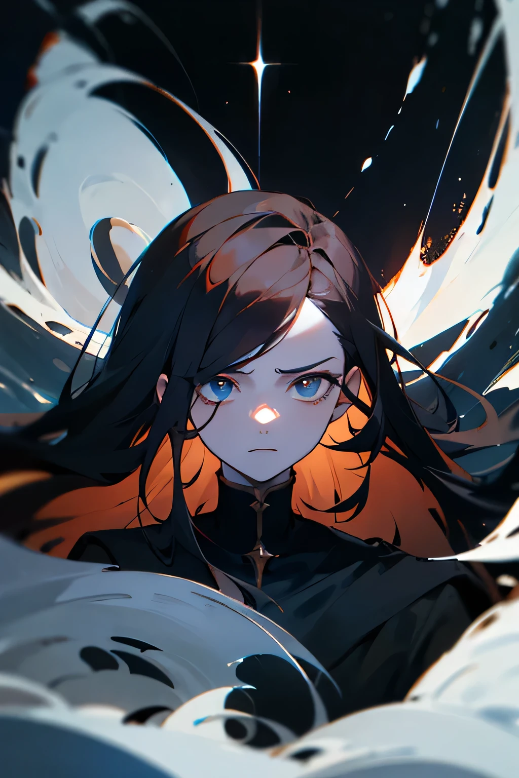 Androgynous, long hair, completely Dark hair, Black clothes, Black Sea, Black Hole, pale skin, stoic expression, stoic look, void