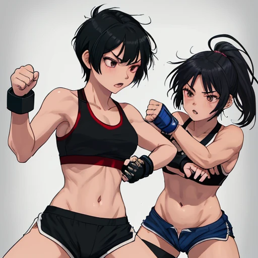 A female fighter's fist is thrust into the poor belly of a Japanese high school girl with short-cut black hair. Mixed martial arts ring. Sports bra, bikini shorts, and open finger gloves.