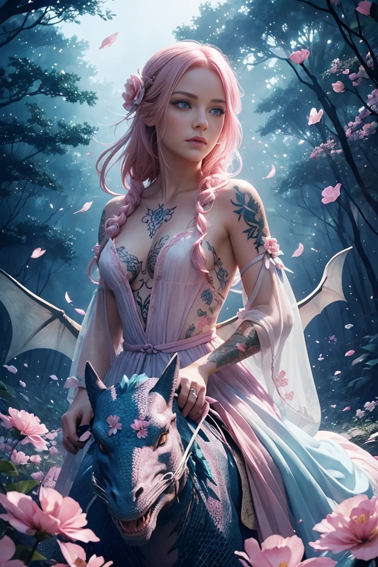 Best quality, Movie, Beautiful woman (in tattoos , Blue eyes, Pink hair, flower petal clothes, white), Riding a dragon, In the woods,fireflies, perfectly combine elements with each other