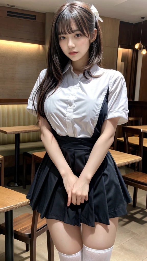 muste piece, best quality, illustration, Super detailed, fine details, High resolution, 8K,wall paper, perfect dynamic composition,(Details High quality, realistic depiction of eyes:1.3), kneeing, waitress uniform, restaurant, huge breasts, short bob hair、black hair color, Big Natural Color Lip, acrobatic pose, crying a little、cold gaze, Harajuku style、20 year old girl、cute type、ta、beautiful legs, focus on crotch, full body photo, gravure idol